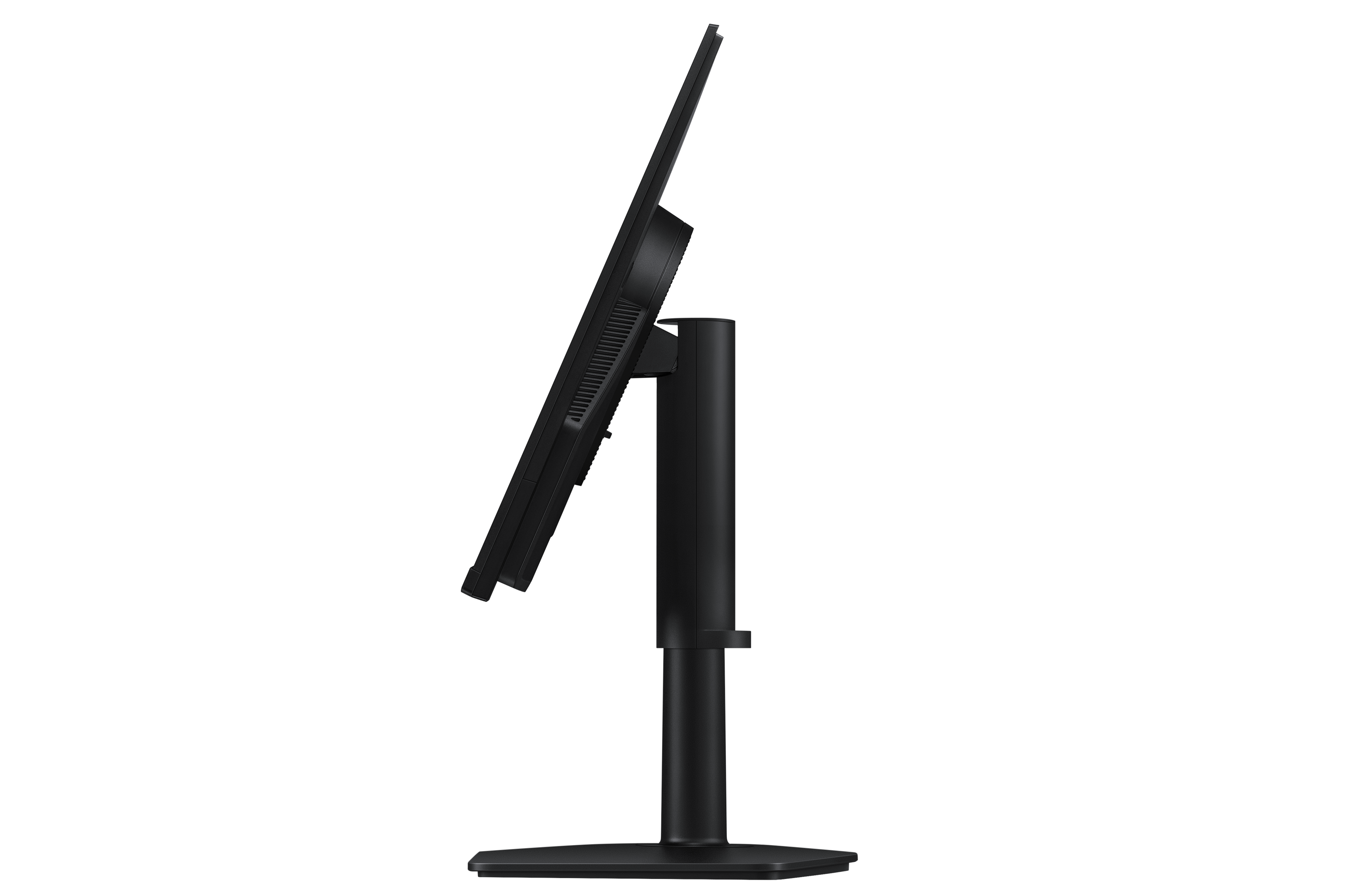 Schwarzer Computermonitor auf einem schwarzen Ständer, von der Seite gesehen.