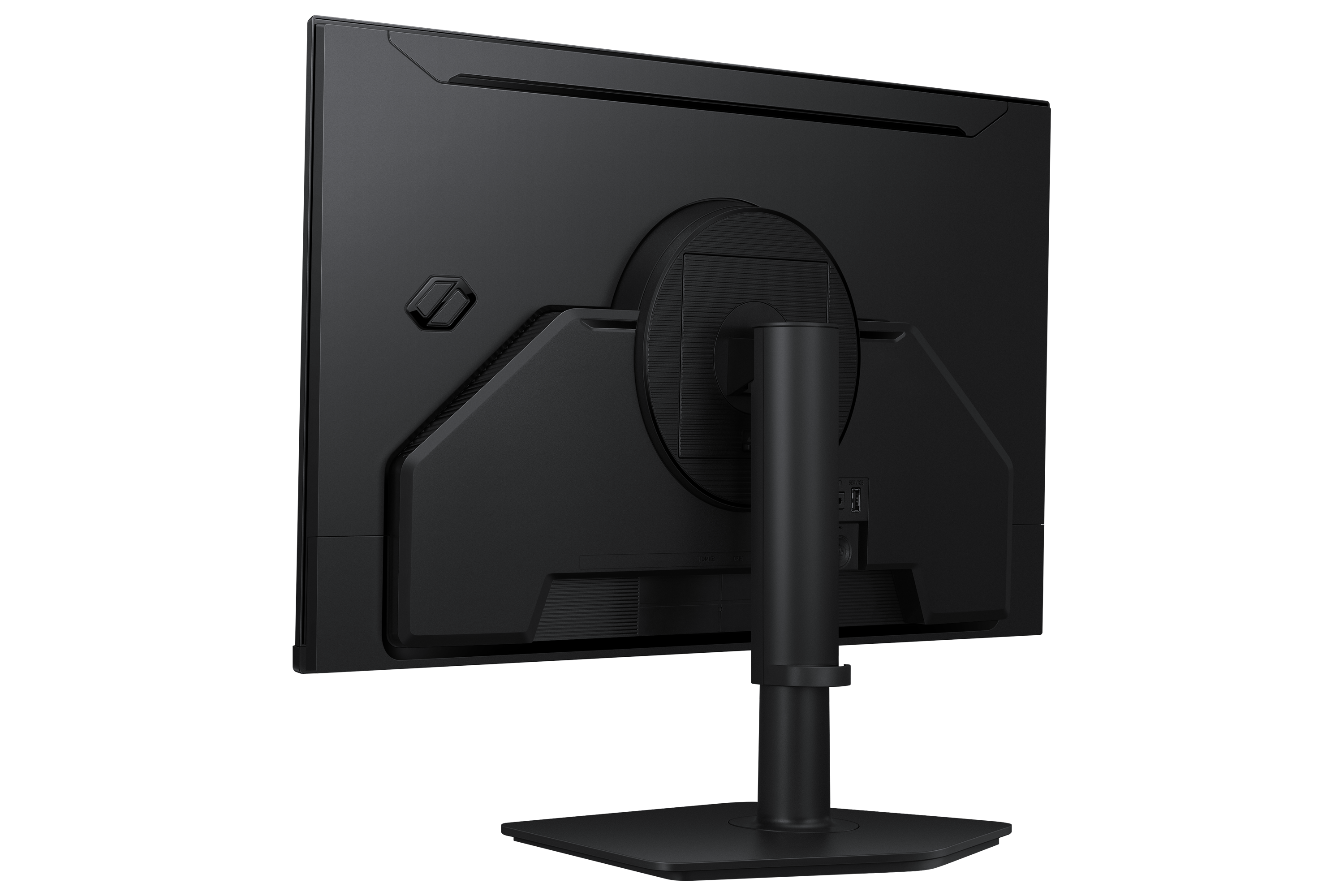 Rückansicht eines schwarzen Monitors mit Ständer und Anschlüssen.