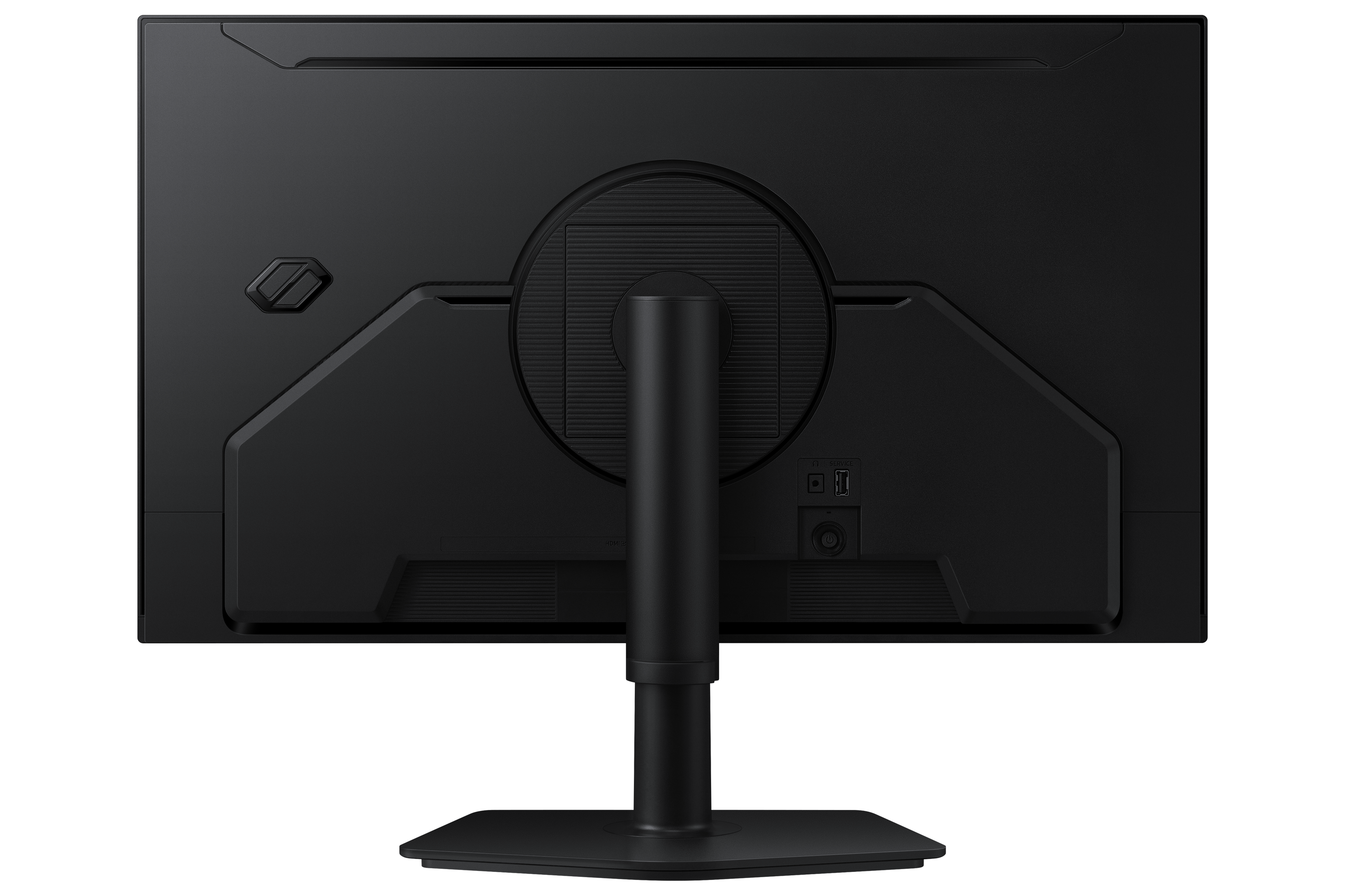 Rückseite eines schwarzen Monitors mit Ständer, Anschlüssen und Logo.