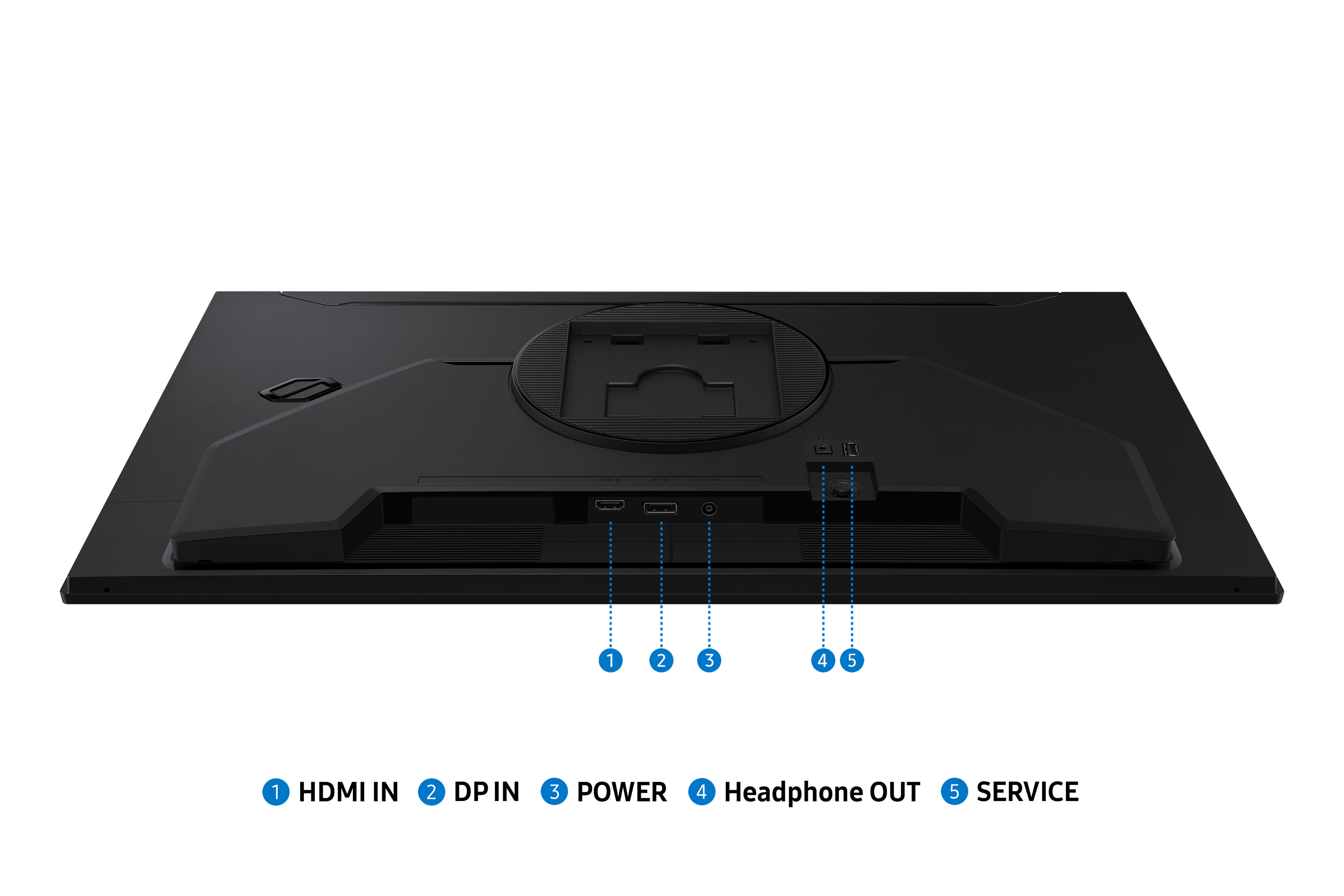 Rückseite eines schwarzen Monitors mit Anschlüssen: HDMI, DP, DC 12V, USB.