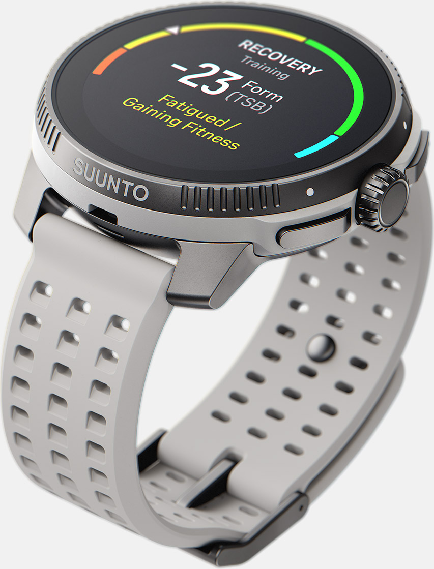 Graue Suunto-Smartwatch mit Display, das -23 Form (TSB) anzeigt.