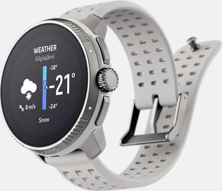 Graue Smartwatch mit Wetteranzeige: -21°C, Schnee, 8 m/s.