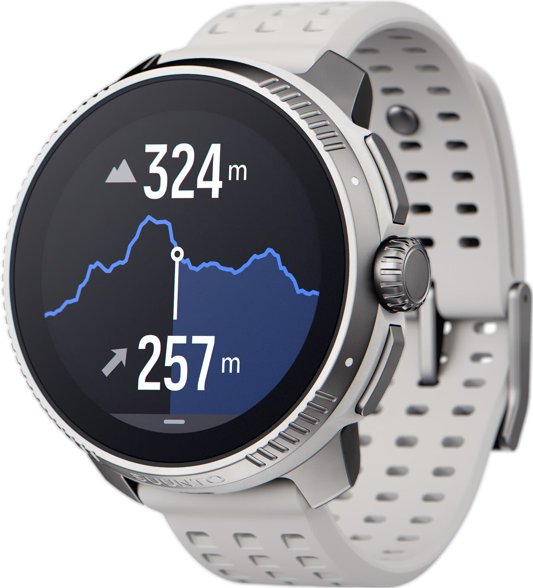 Graue Smartwatch mit Höhenprofil: 324m hoch, 257m tief.