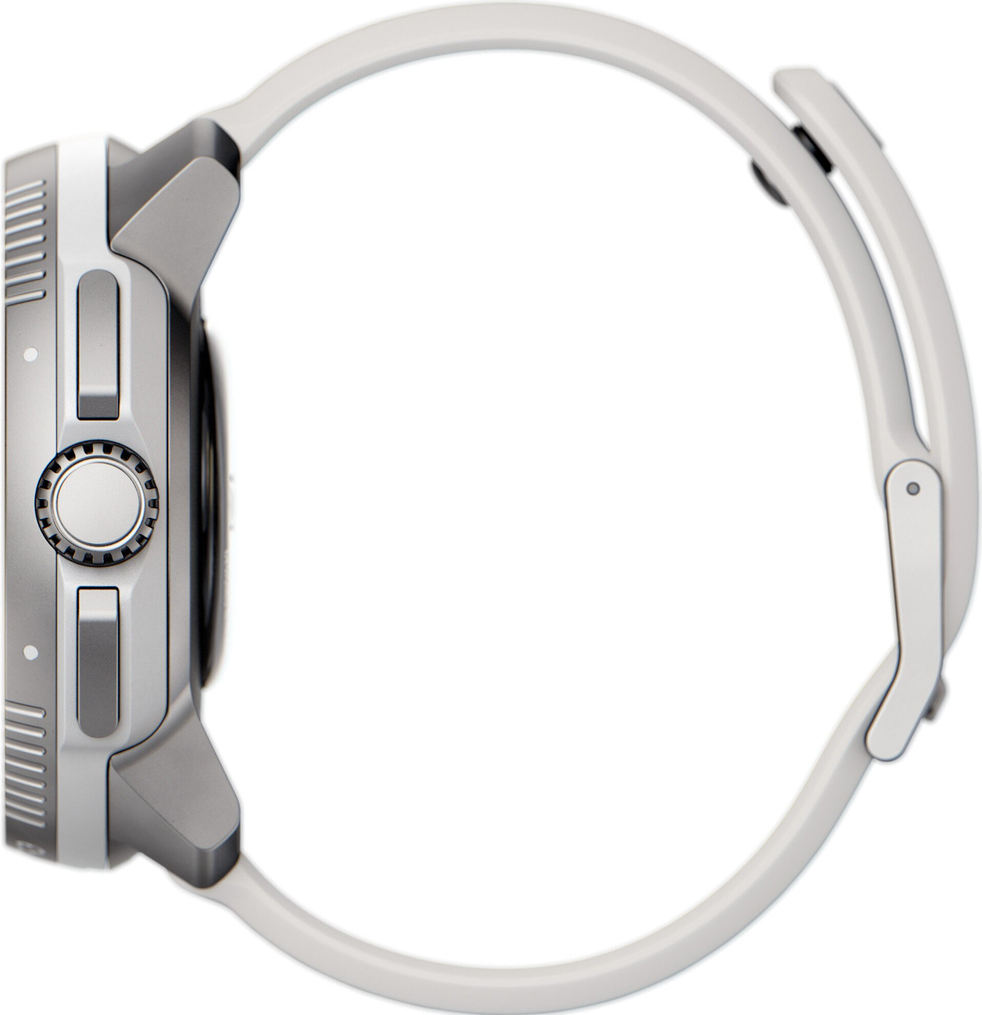 Silberne Smartwatch mit weißem Armband, Seitenansicht.