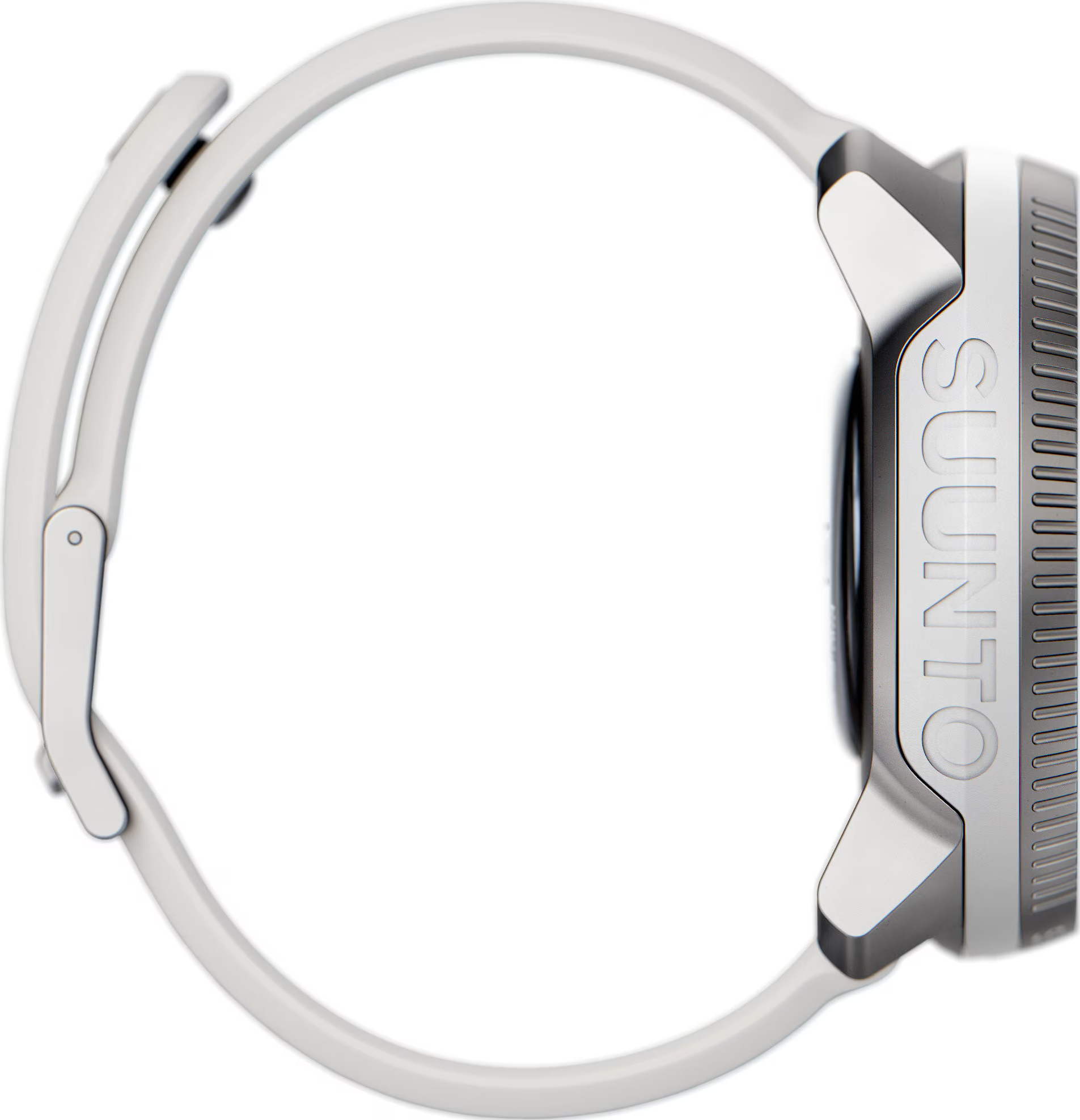 Graue Smartwatch mit weißem Armband, seitliche Ansicht. SUUNTO-Logo auf Gehäuse.