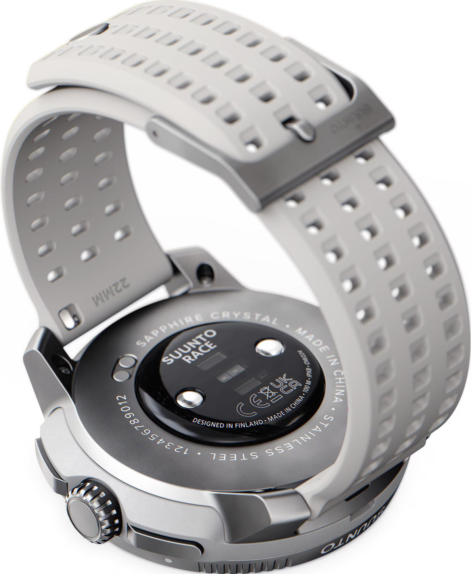 Nahaufnahme eines grauen Suunto Race Smartwatch-Armbands und der Rückseite.
