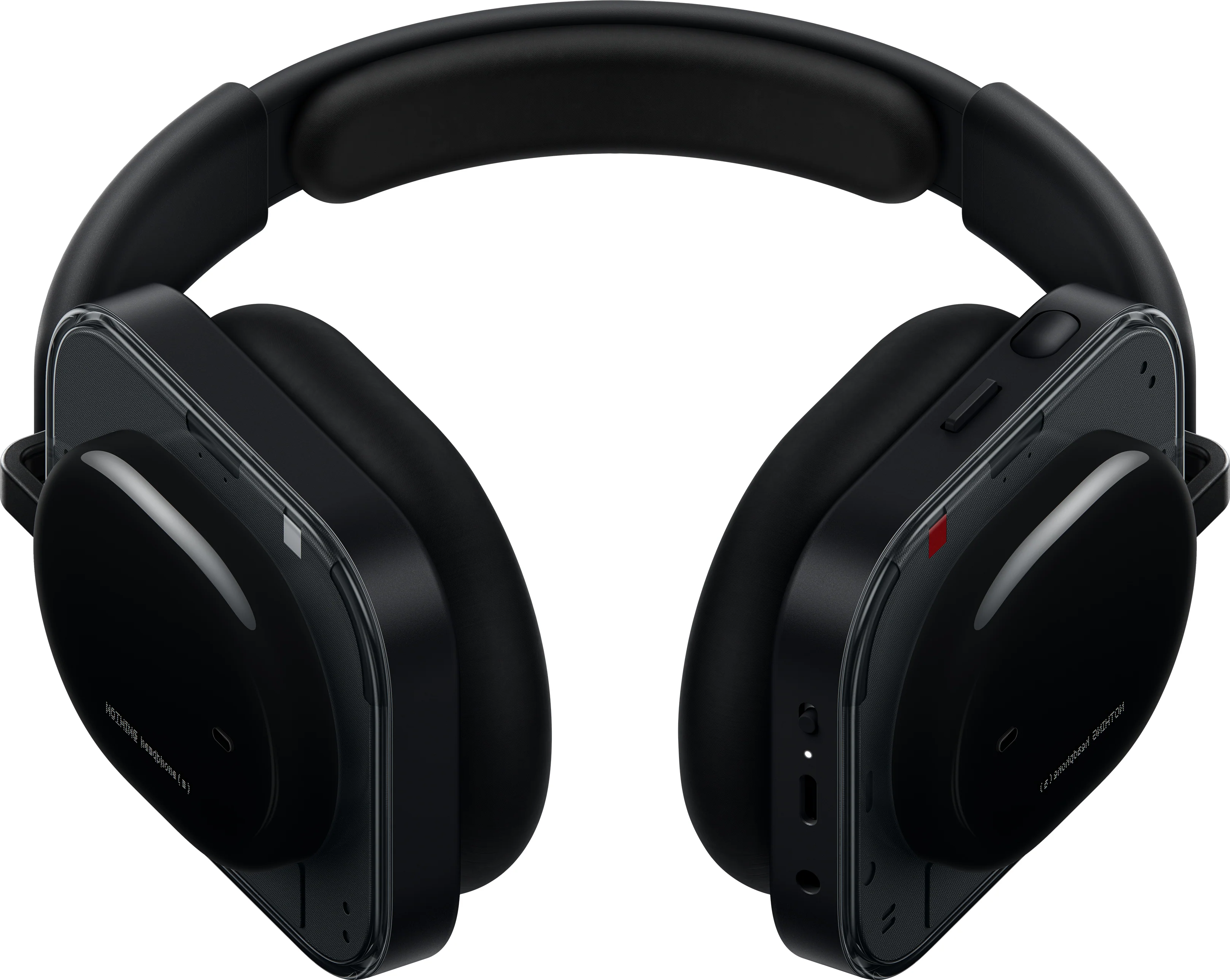 Casque noir avec accents transparents et commandes argentées sur fond blanc.