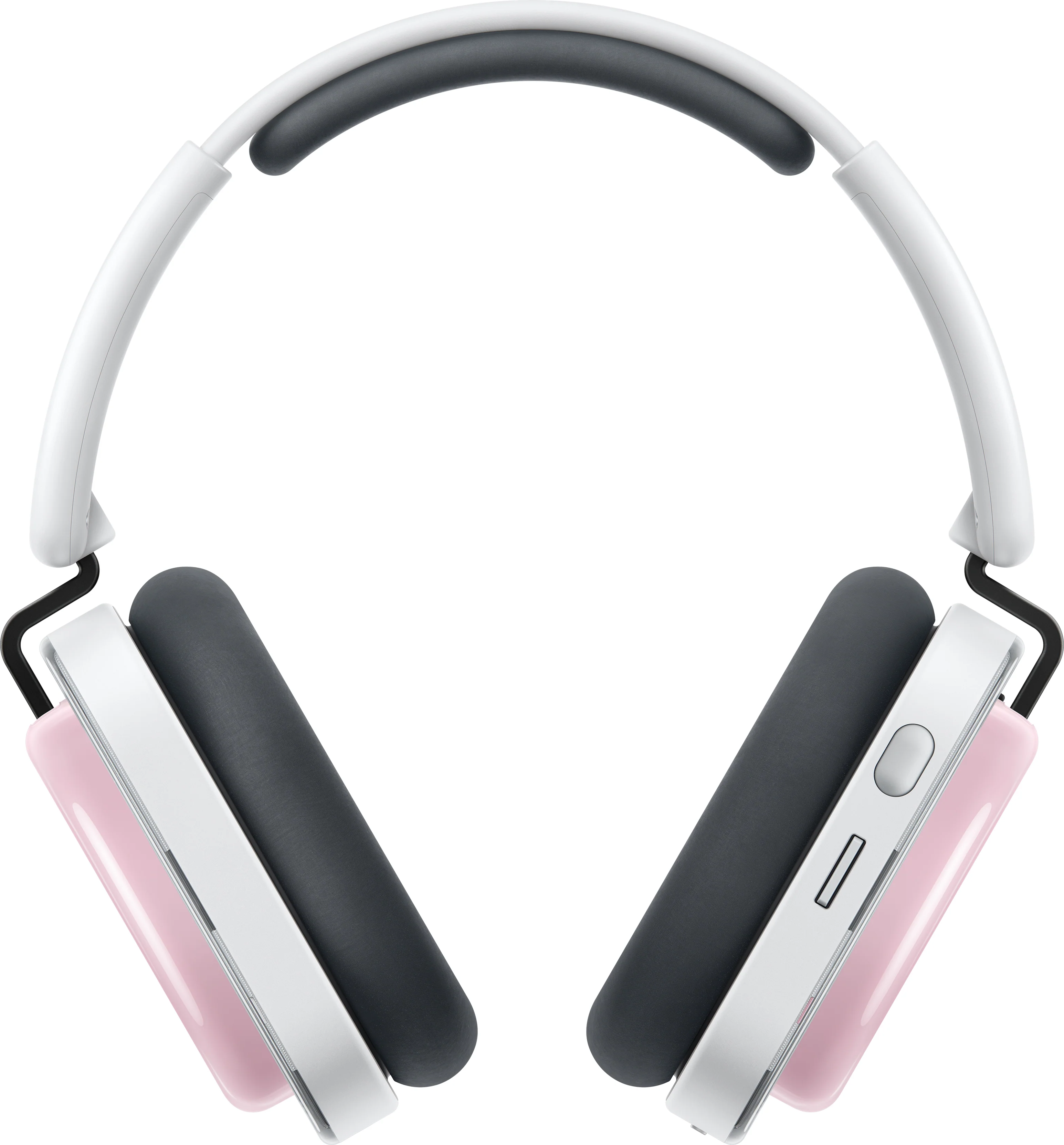 Casque avec arceau blanc, écouteurs noirs et accents roses.