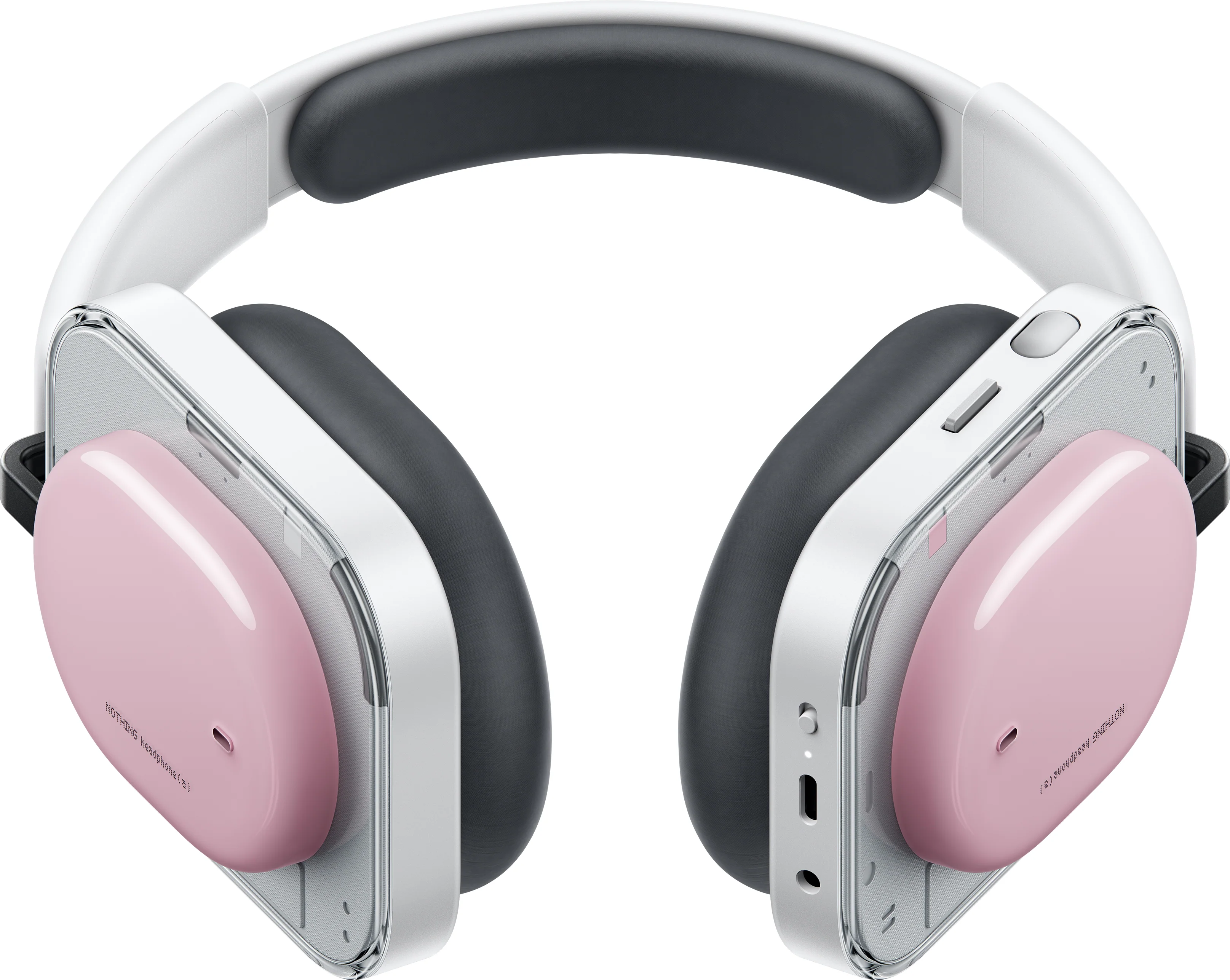 Casque blanc avec accents roses et noirs sur fond blanc.