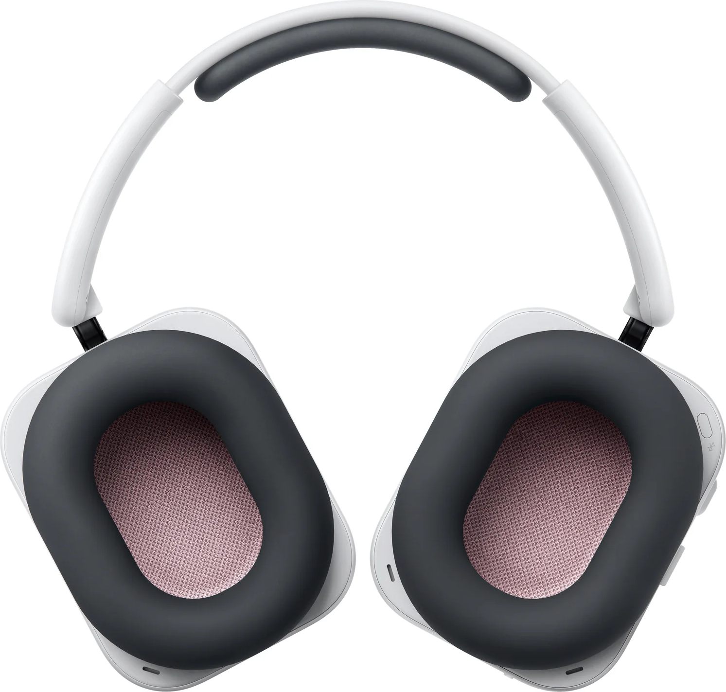 Casque blanc supra-auriculaire avec oreillettes sombres et tissu en maille rose.