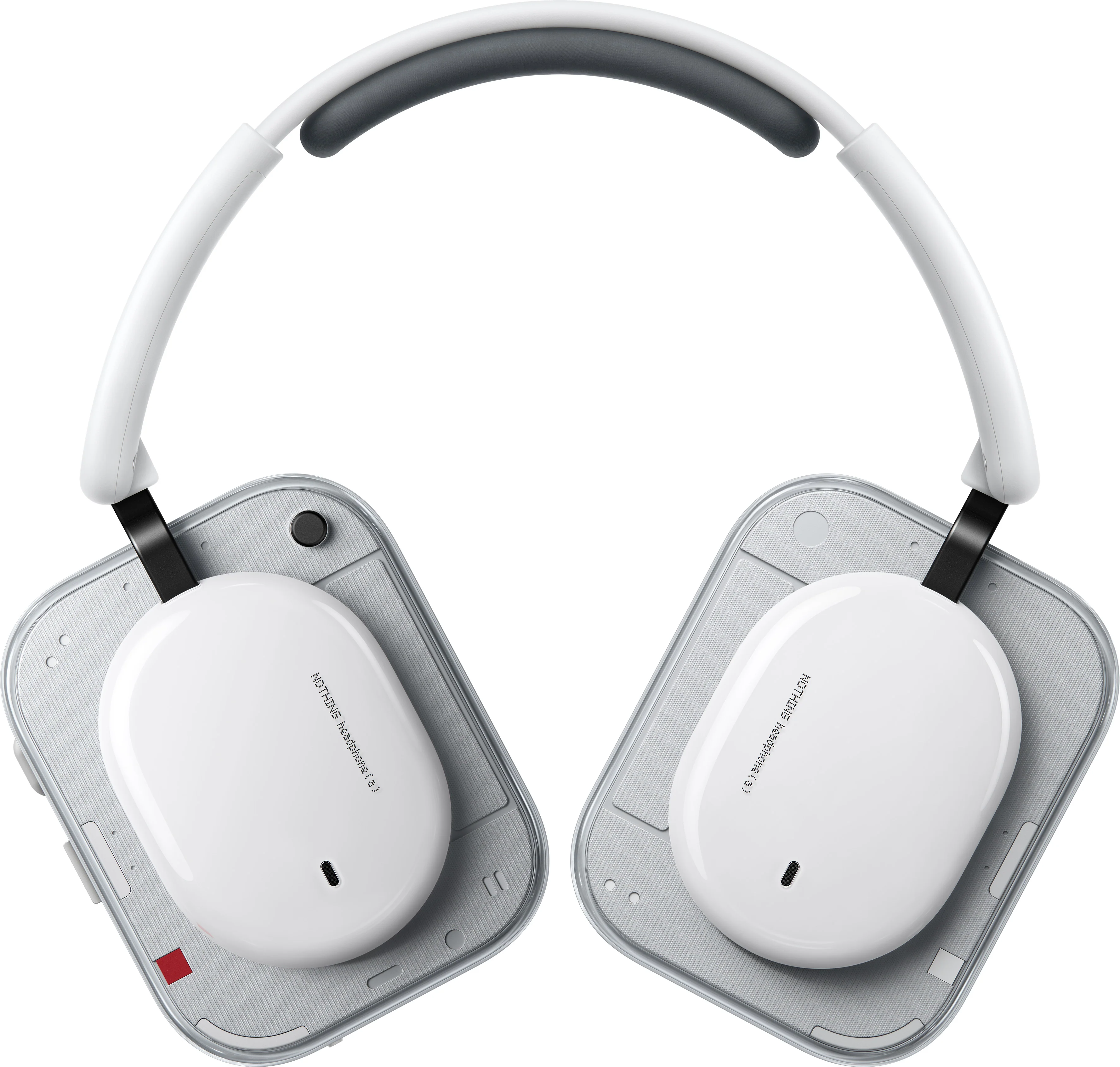 Casque blanc supra-auriculaire avec accents argentés et bandeau noir.