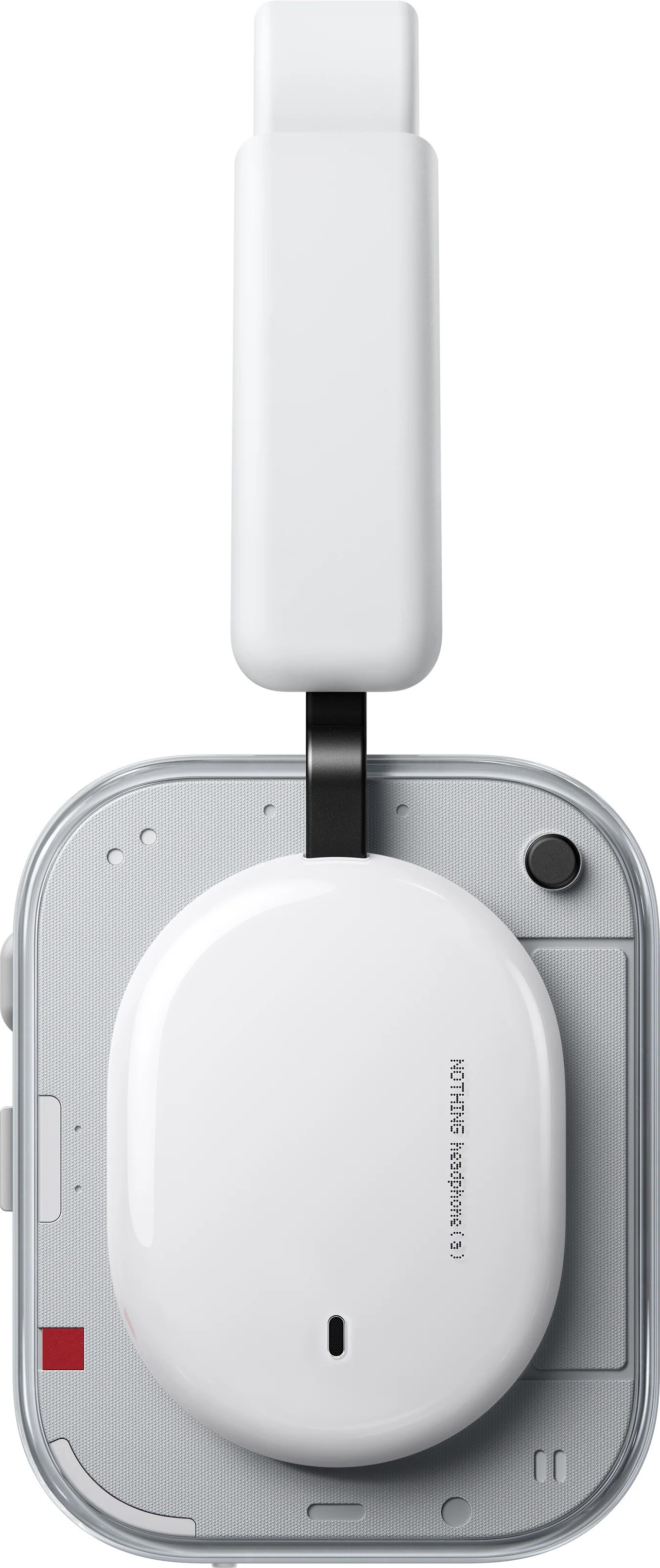 Casque blanc avec connecteur USB-C et logo visible.