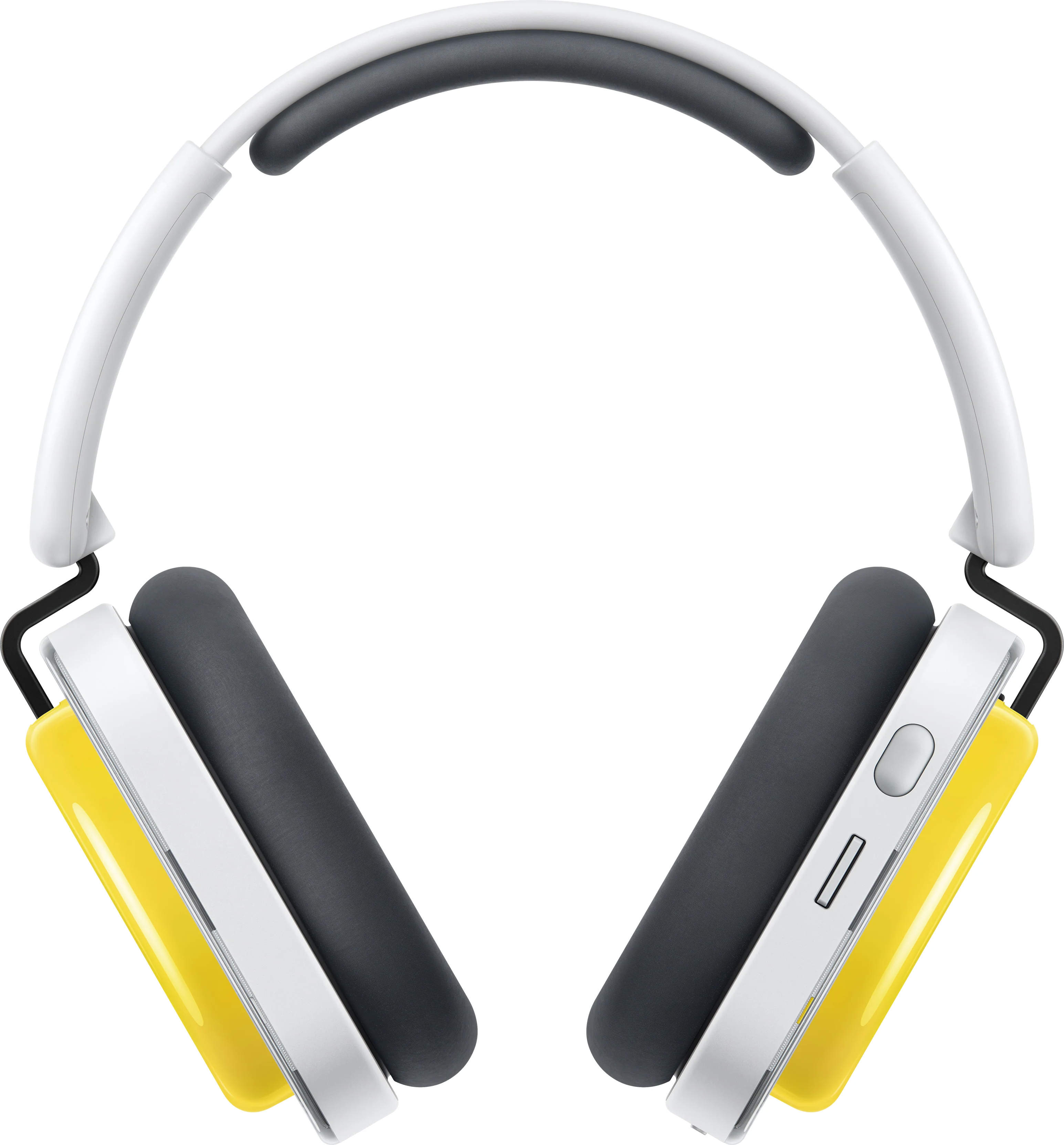 Casque sans fil avec coussinets blancs et gris et accents jaunes.