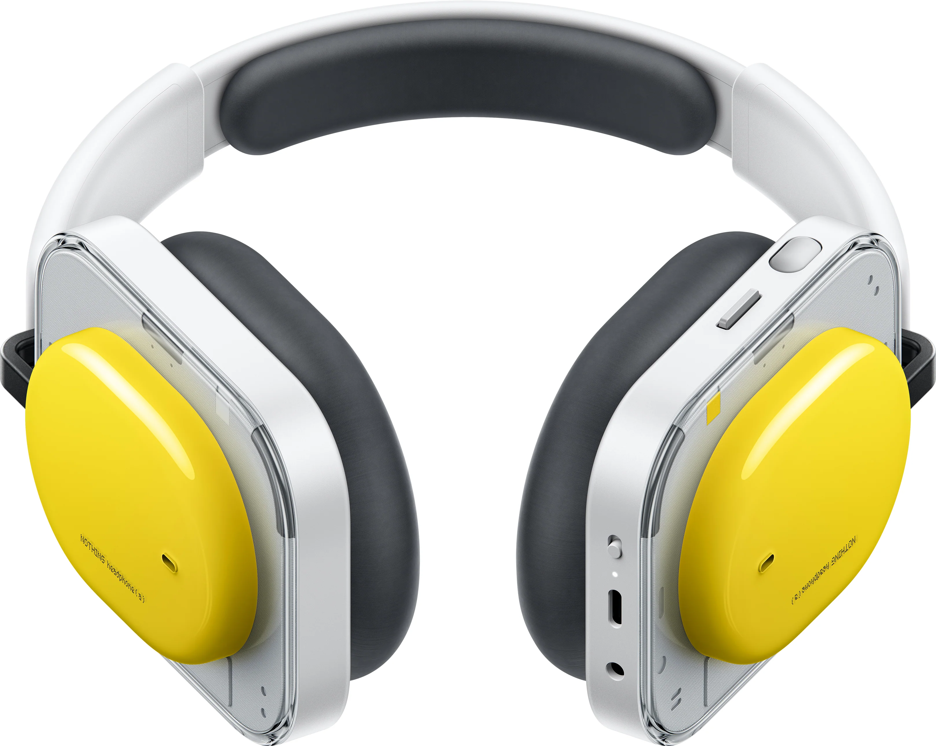 Casque blanc avec accents jaunes et coussinets noirs.