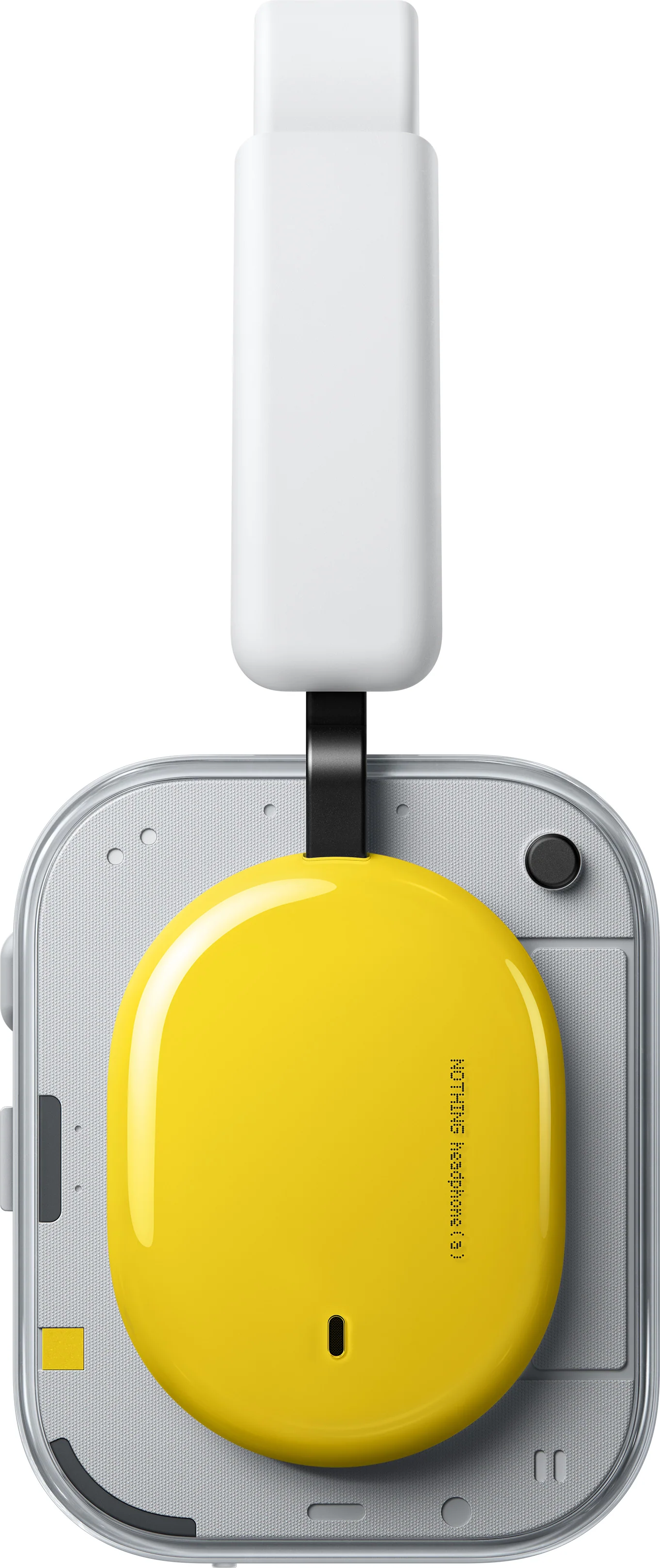 Boîtier jaune pour écouteurs avec port de charge blanc et lanière noire.