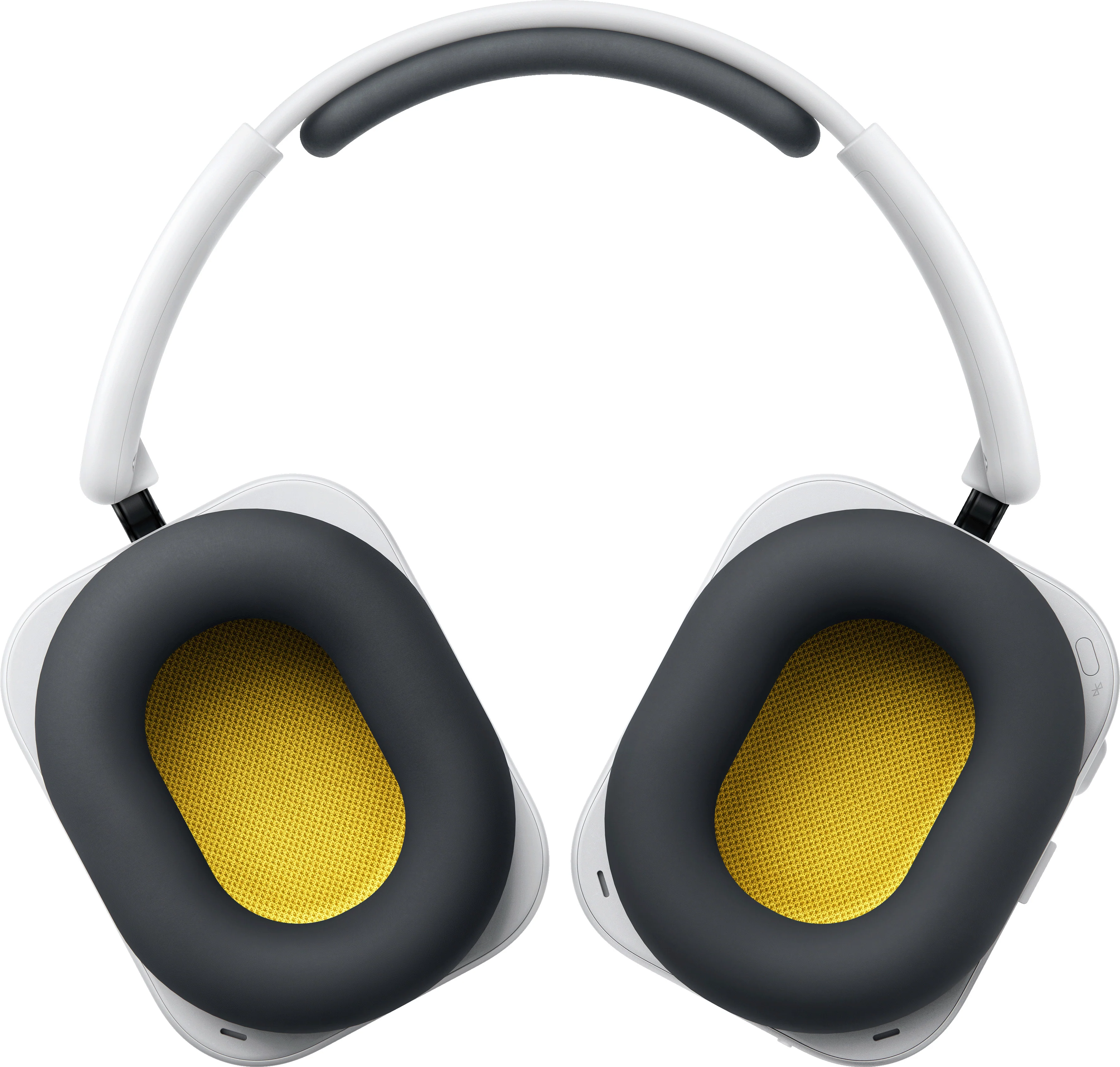 Casque blanc avec oreillettes gris foncé et tissu jaune.