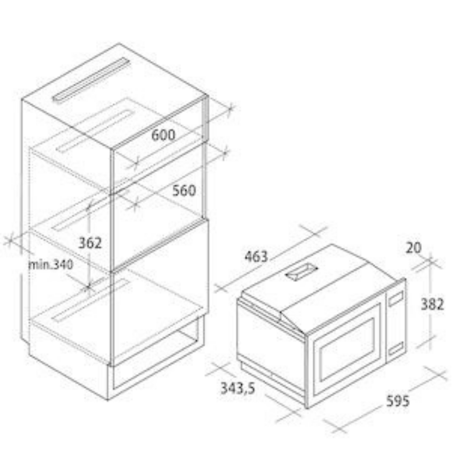 Dibujo técnico de un microondas empotrable con dimensiones.