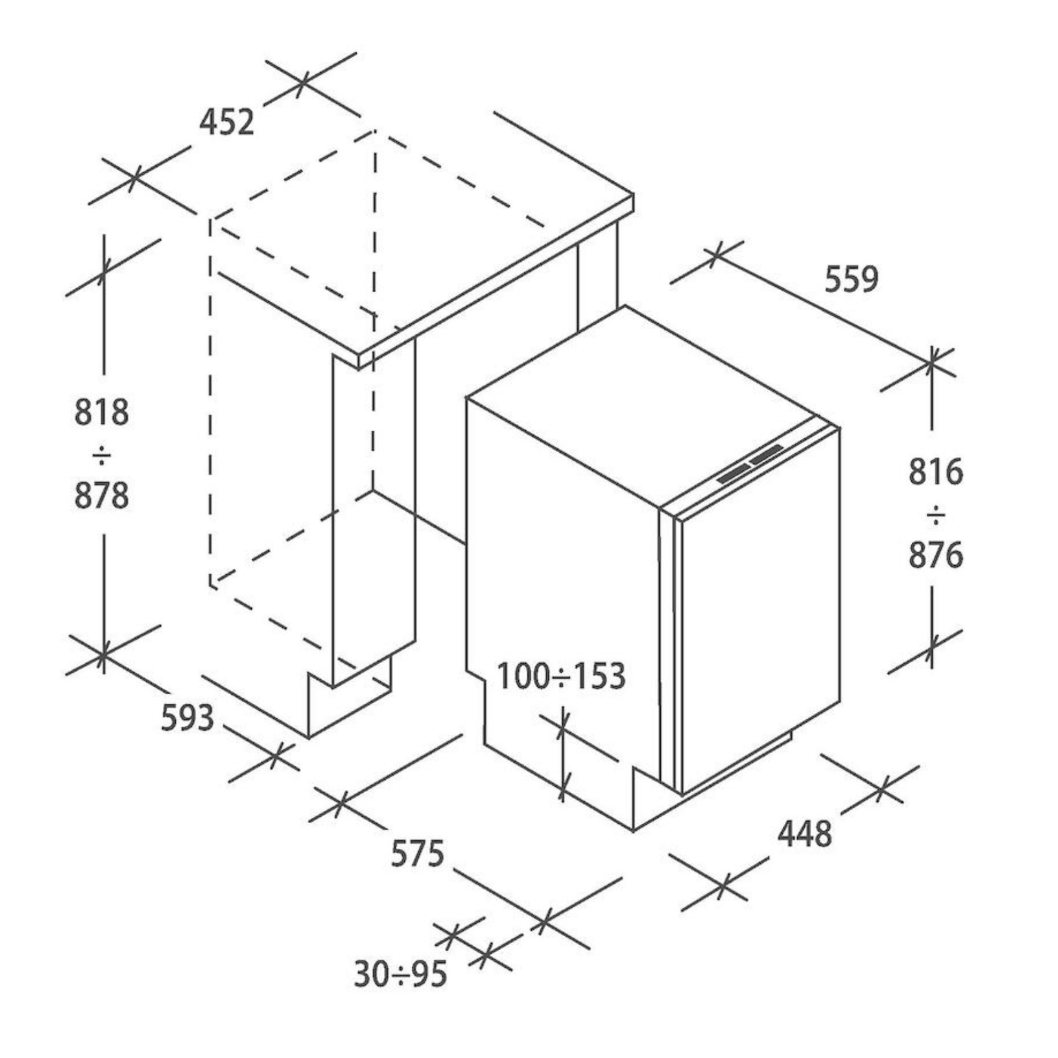 Dibujo técnico con dimensiones de un electrodoméstico empotrado y uno independiente.