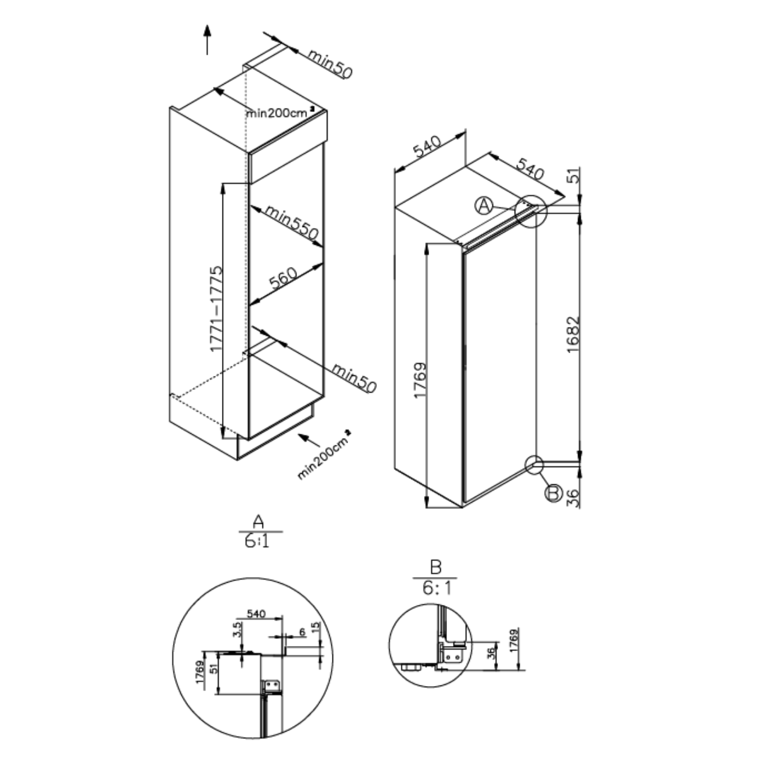Dibujo técnico de un refrigerador con dimensiones y pautas de instalación.