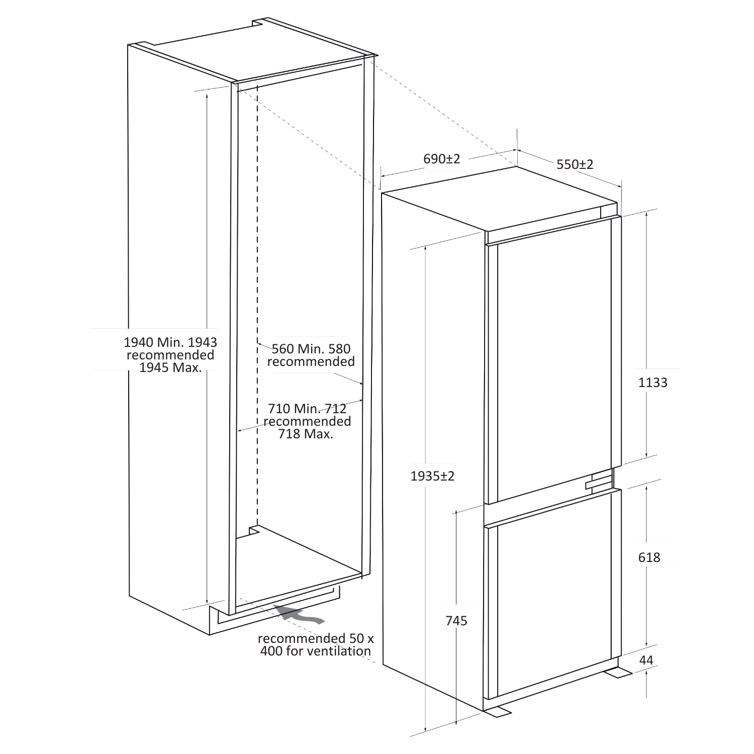 Dibujo técnico de un refrigerador con dimensiones y detalles de instalación.