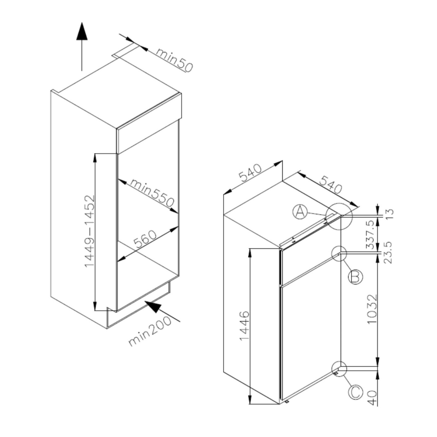 Dibujo técnico de un refrigerador con dimensiones y flechas.
