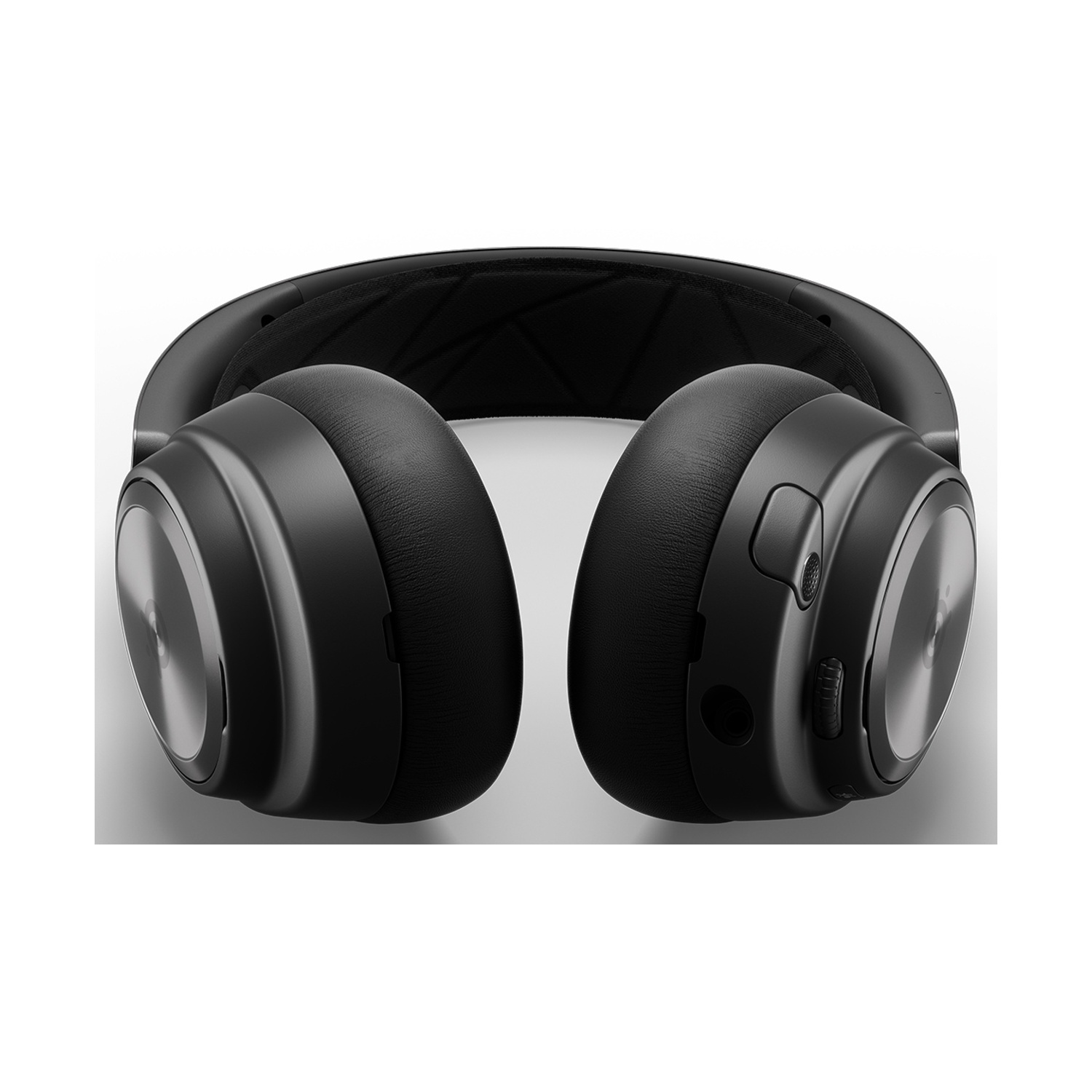 Cuffie nere over-ear con accenti argentati e pulsanti di controllo.