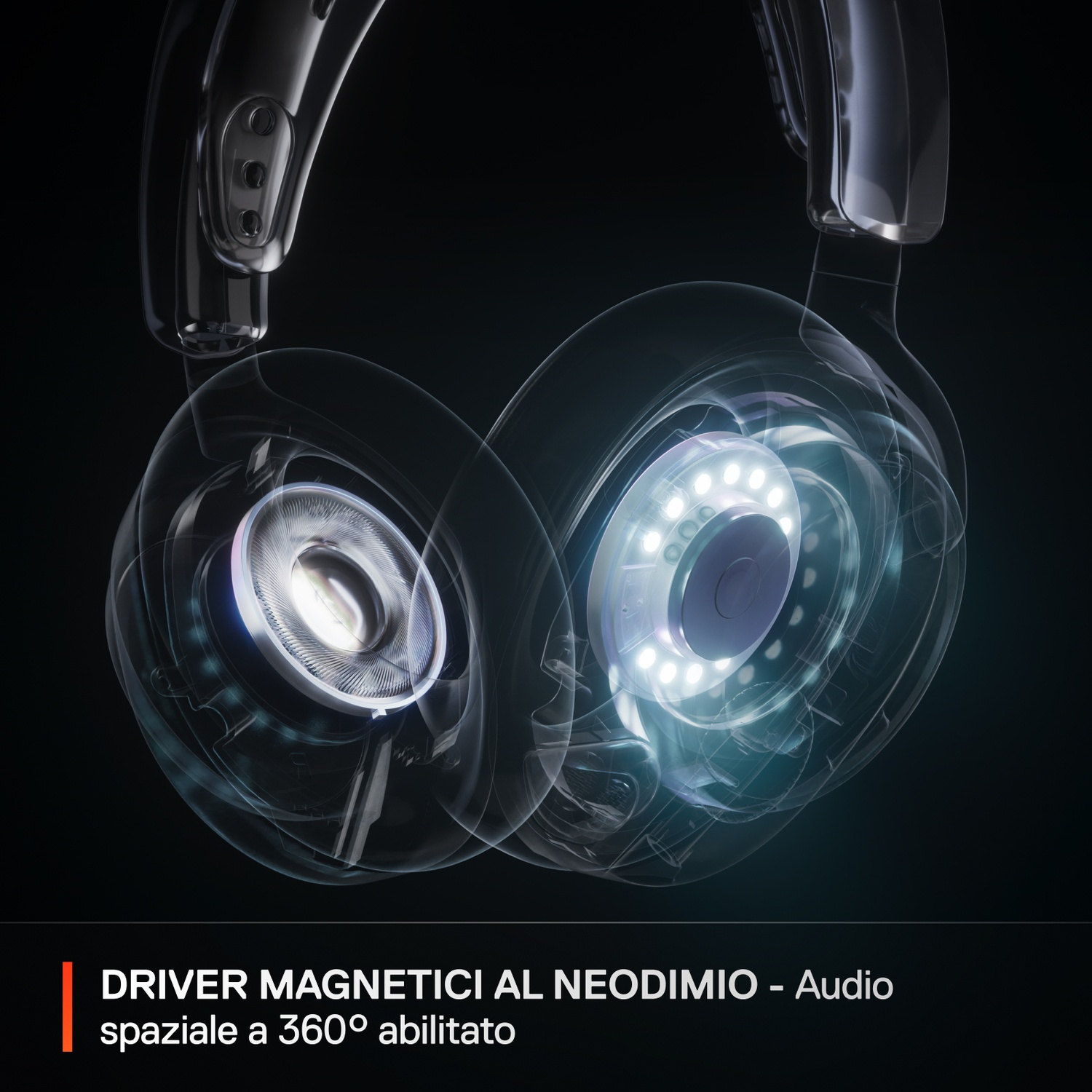 Vista dall'alto di cuffie con driver magnetici al neodimio e audio a 360°.