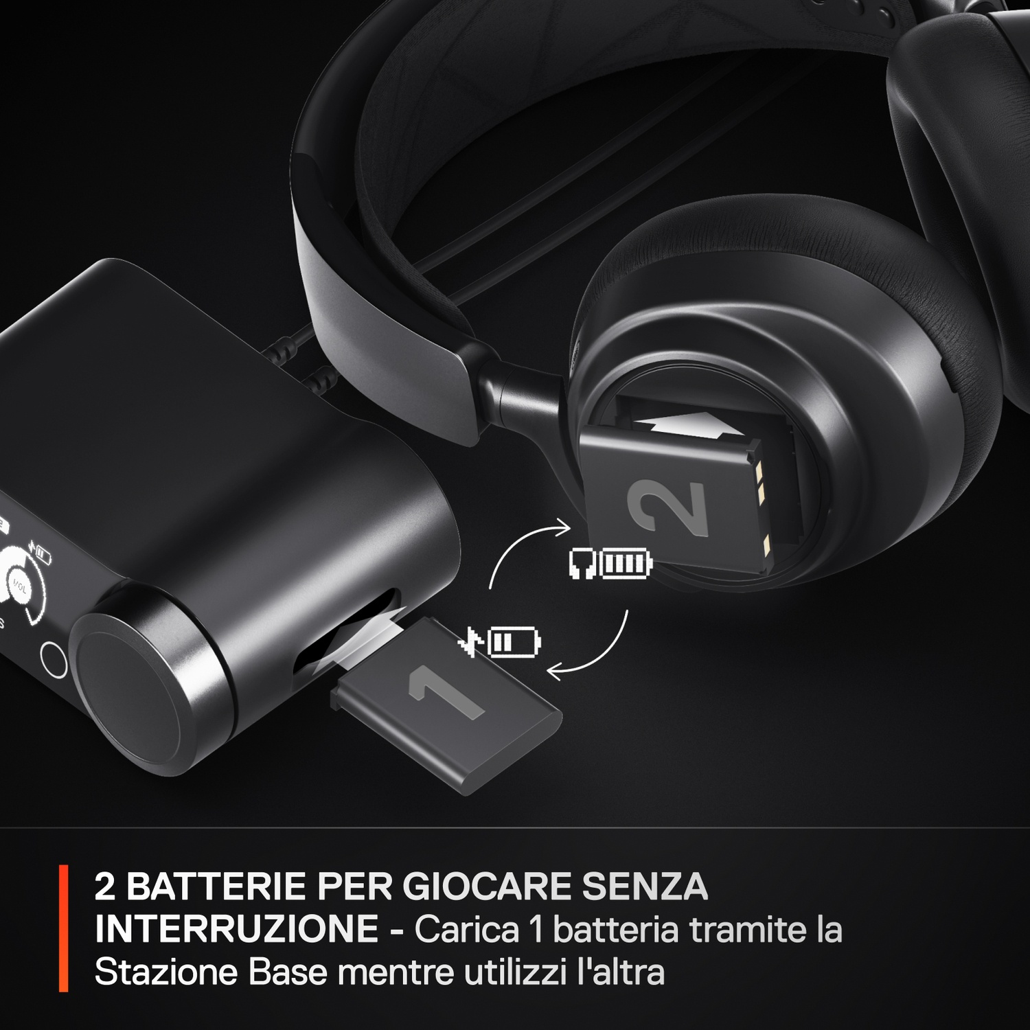 Cuffie nere con stazione di ricarica e due batterie, una inserita, una in carica.