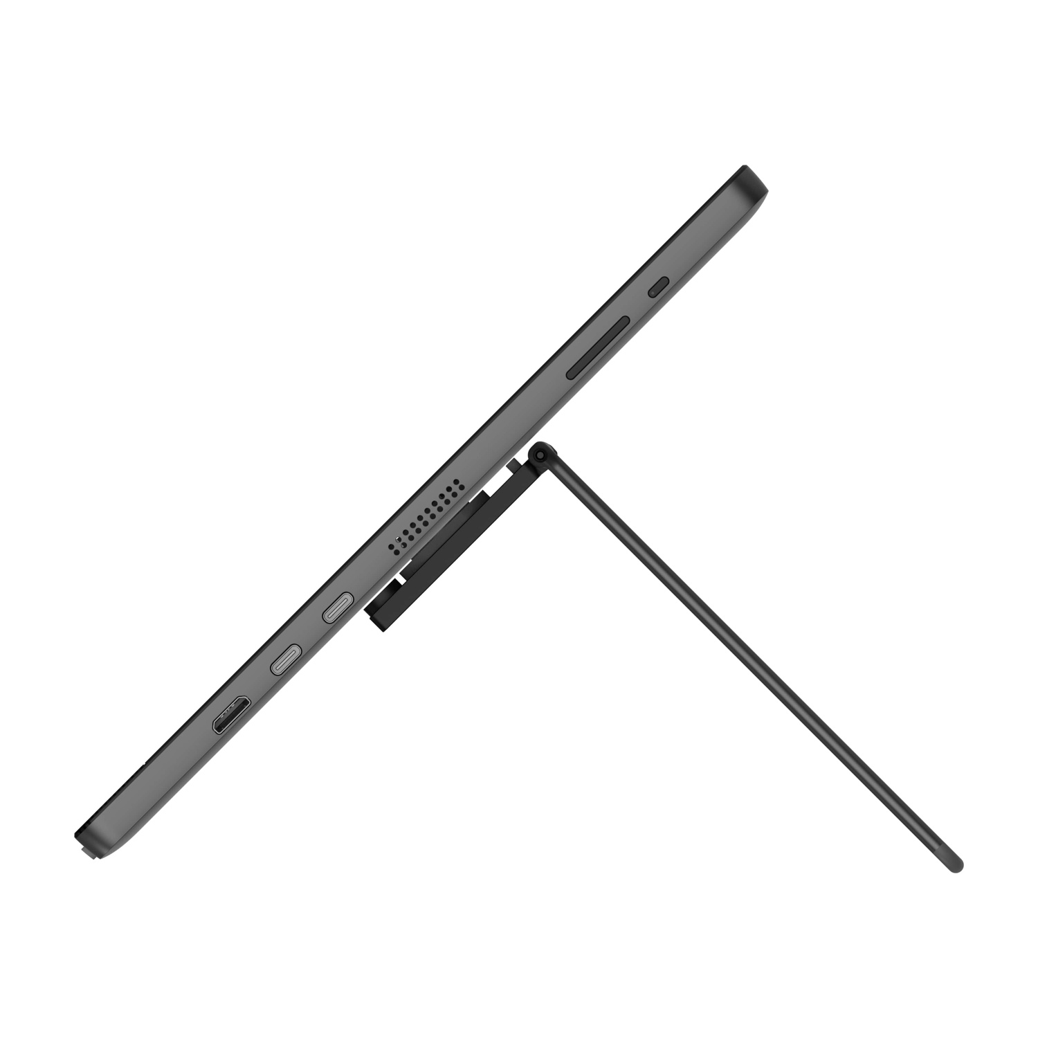 Tablet grigio su supporto, vista laterale, con porte e pulsanti.