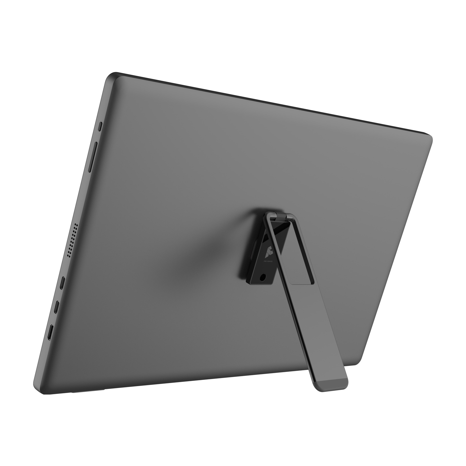 Vista posteriore di un tablet scuro con supporto pieghevole.