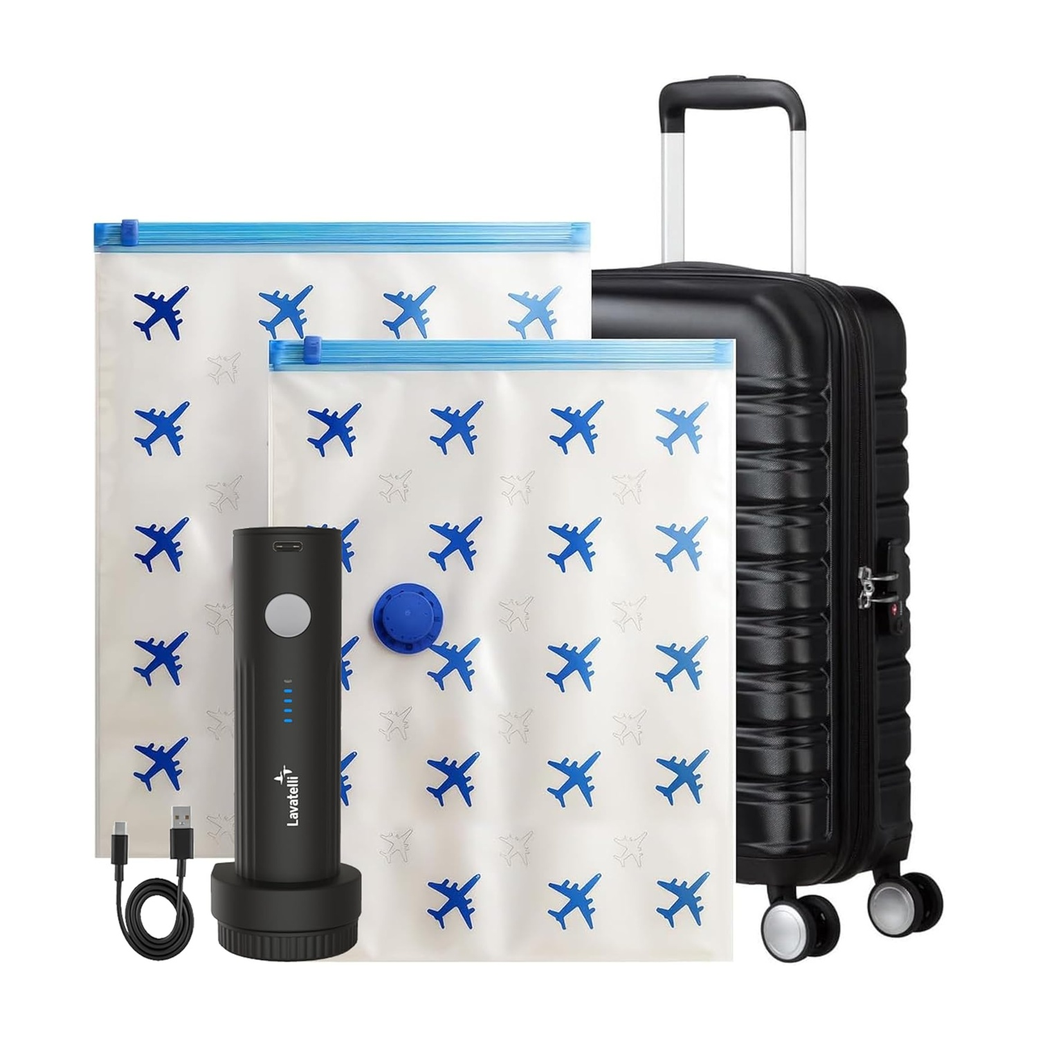 Valigia nera con due sacche trasparenti con aeroplani blu e una pompa per vuoto nera.