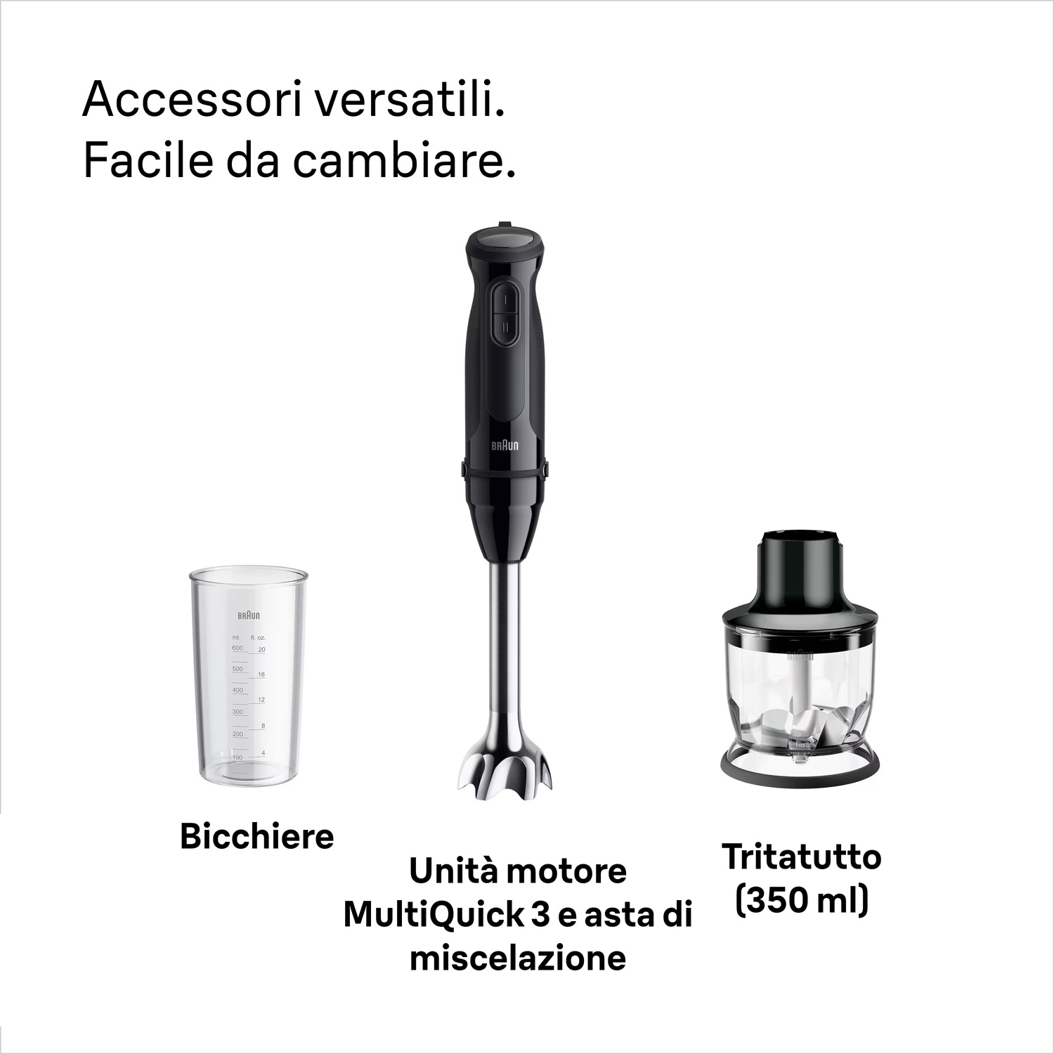 Un frullatore a immersione nero con misurino e tritatutto.