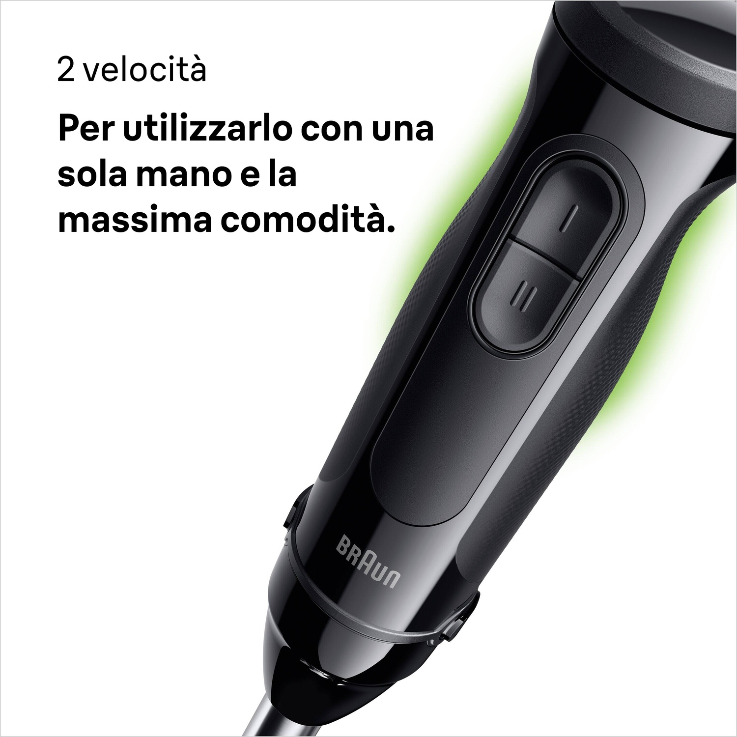 Frullatore a immersione nero con due pulsanti e accento verde.
