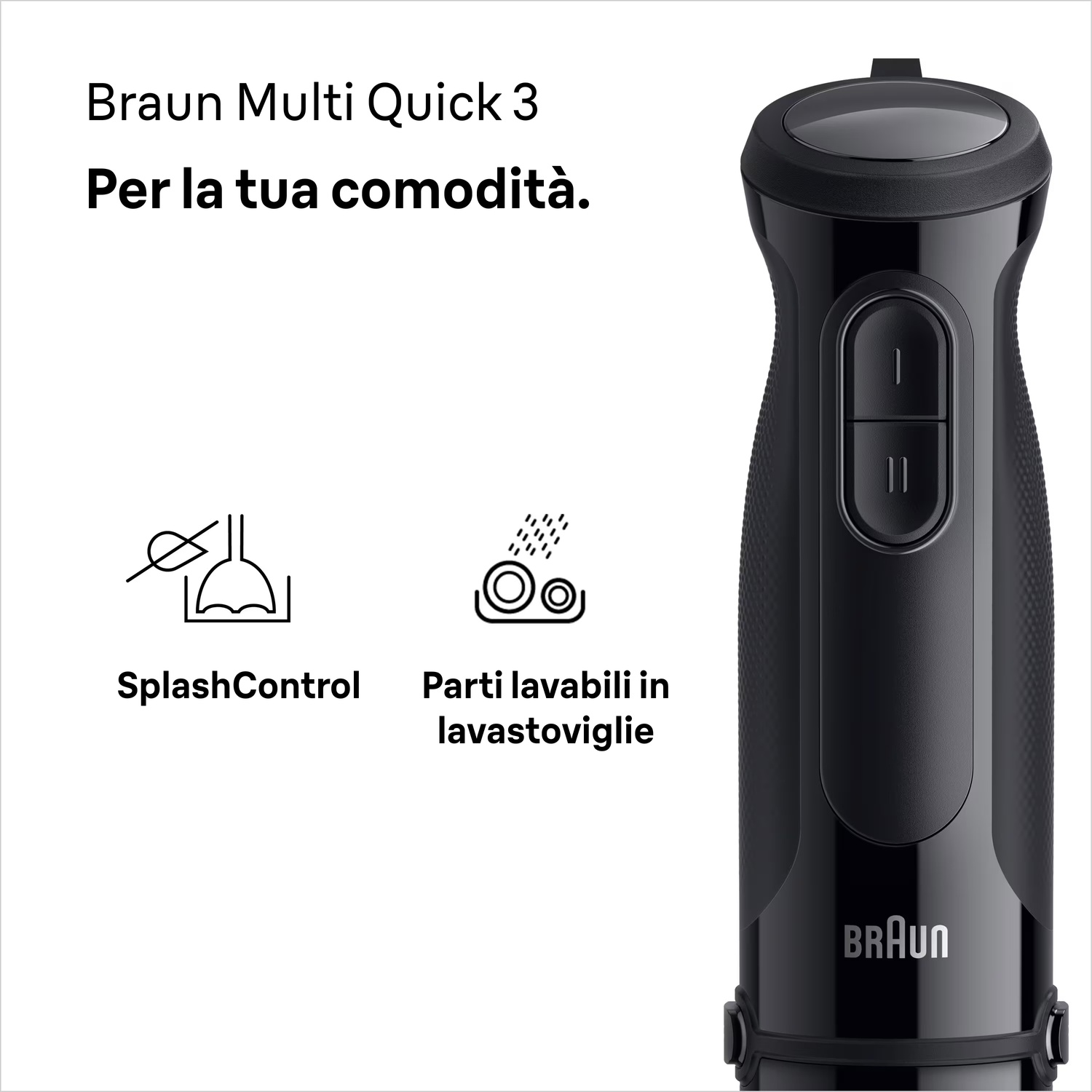 Frullatore a immersione Braun nero con pulsanti e logo. SplashControl e lavabile.