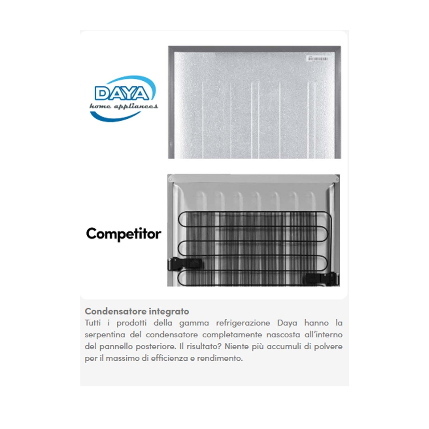 Logo Daya Home Appliances e serpentina di un frigorifero concorrente.