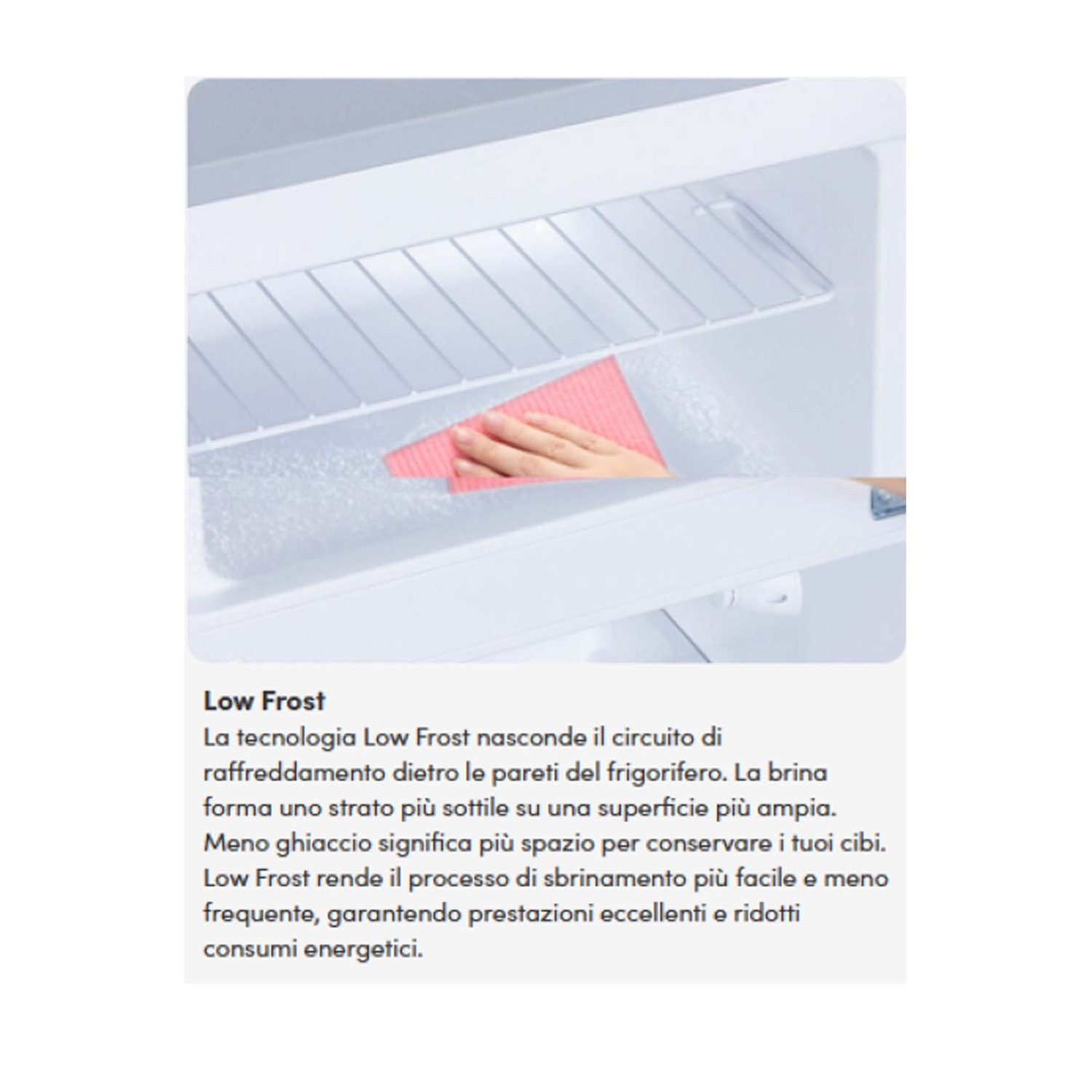 Mano pulisce parete frigo con panno rosa, mostra Low Frost.