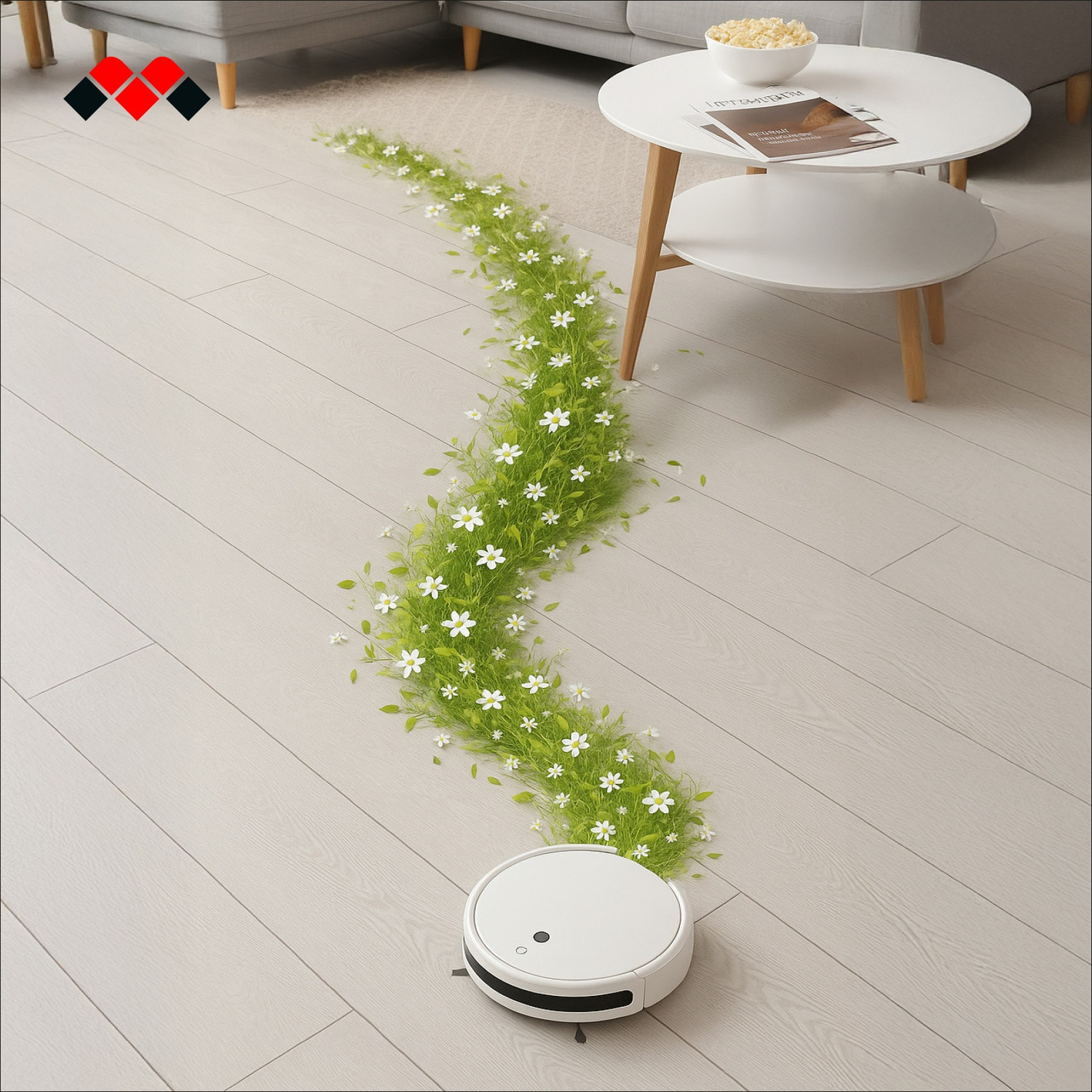 Un robot aspirapolvere bianco pulisce un pavimento in legno coperto di erba e fiori.