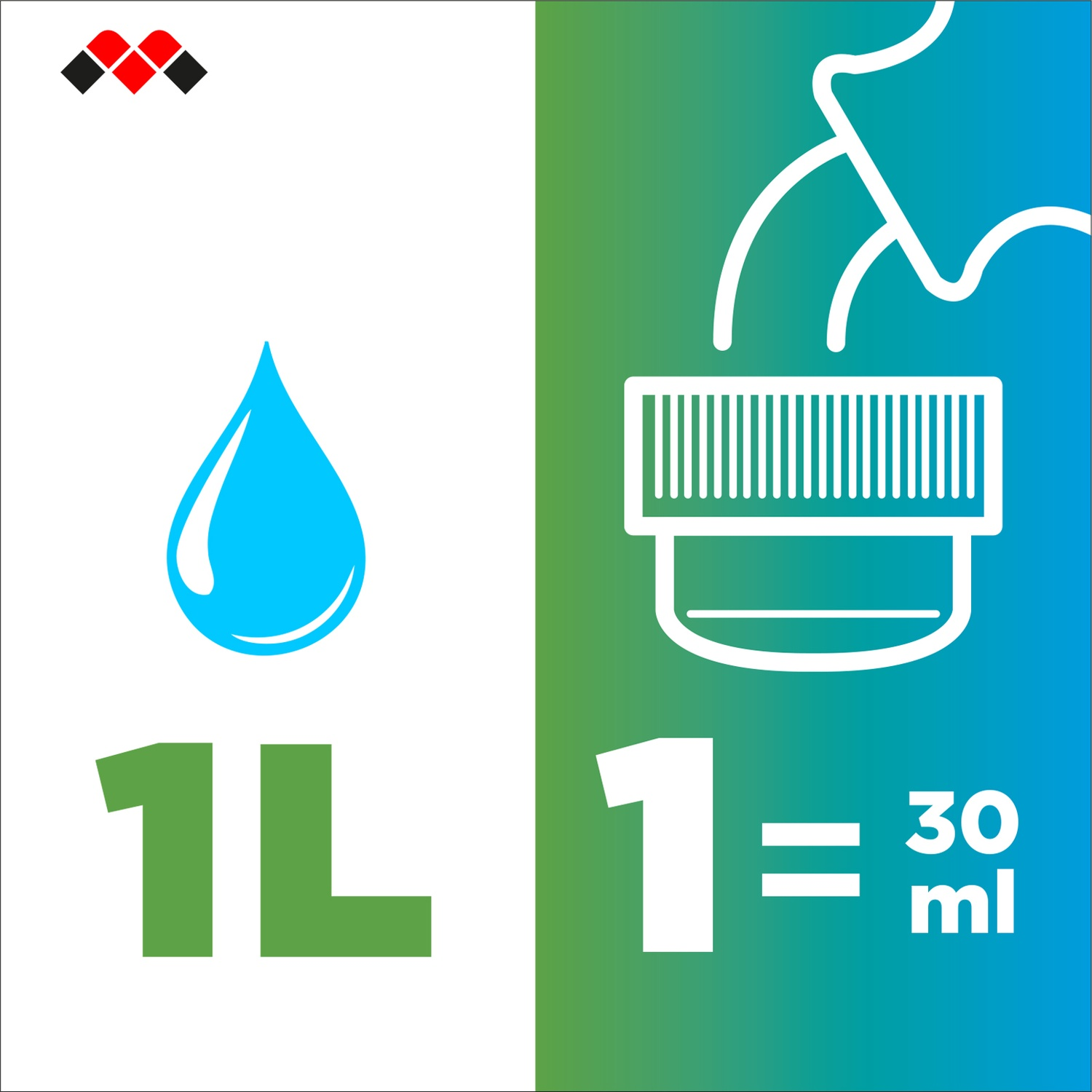 Una goccia sopra 1L e un tappo con 1 = 30ml.