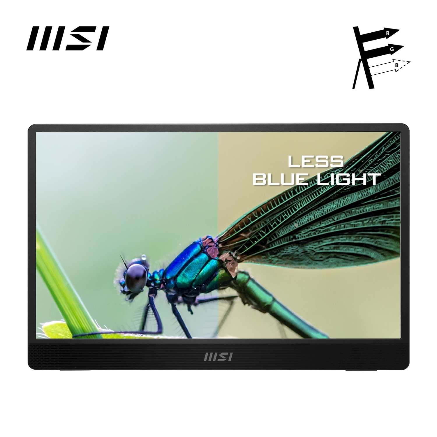 Un monitor mostra una libellula e la scritta 'LESS BLUE LIGHT'.