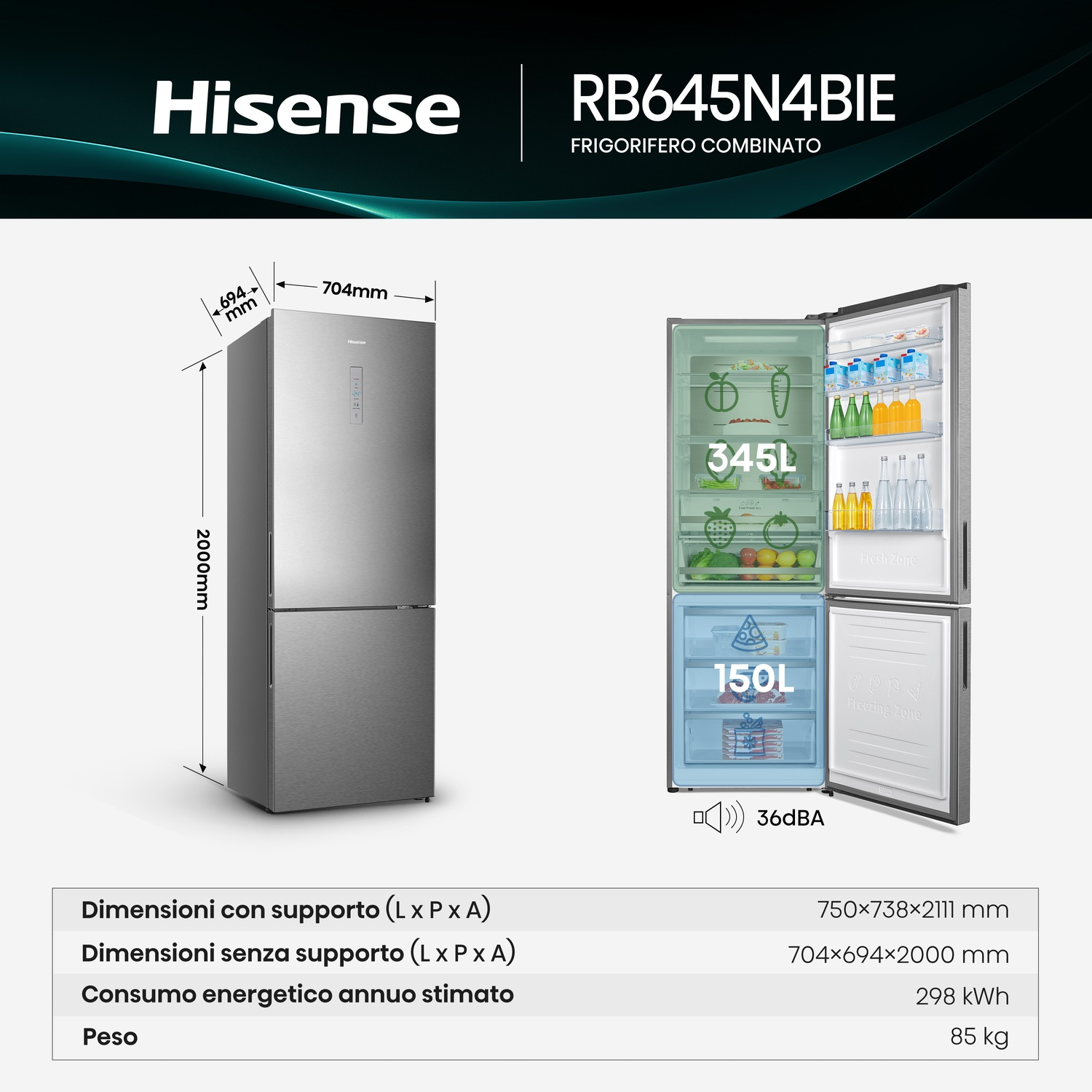 Un frigorifero Hisense argentato con dimensioni e porta aperta che mostra l'interno.