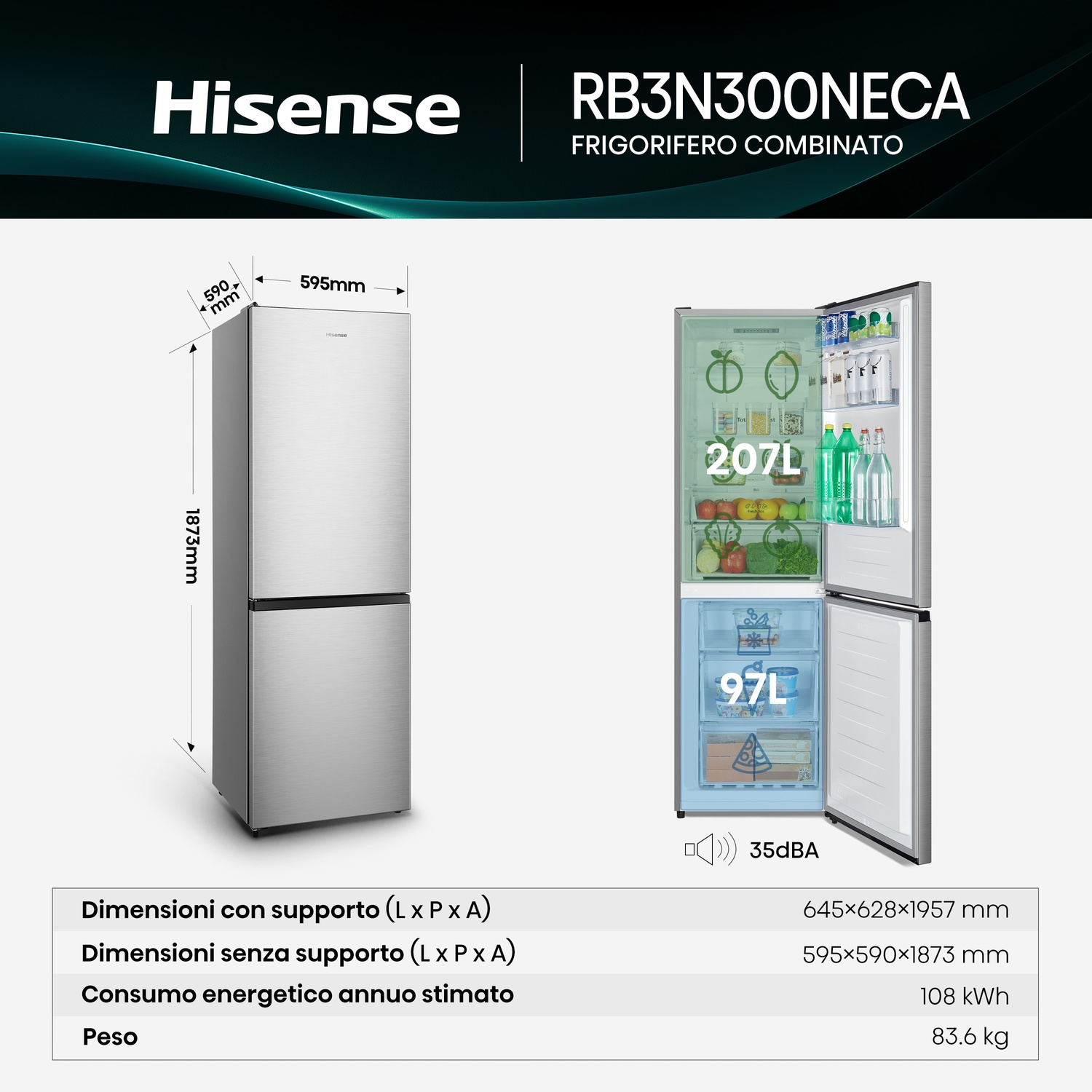Un frigorifero Hisense argento con dimensioni, interni e specifiche.