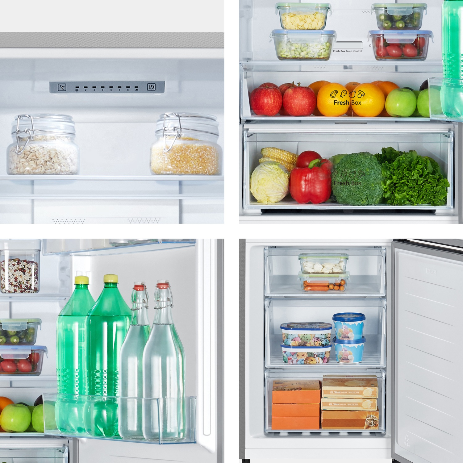 Interno frigorifero: controlli temperatura, barattoli vetro con avena e cereali, bottiglie vetro.
