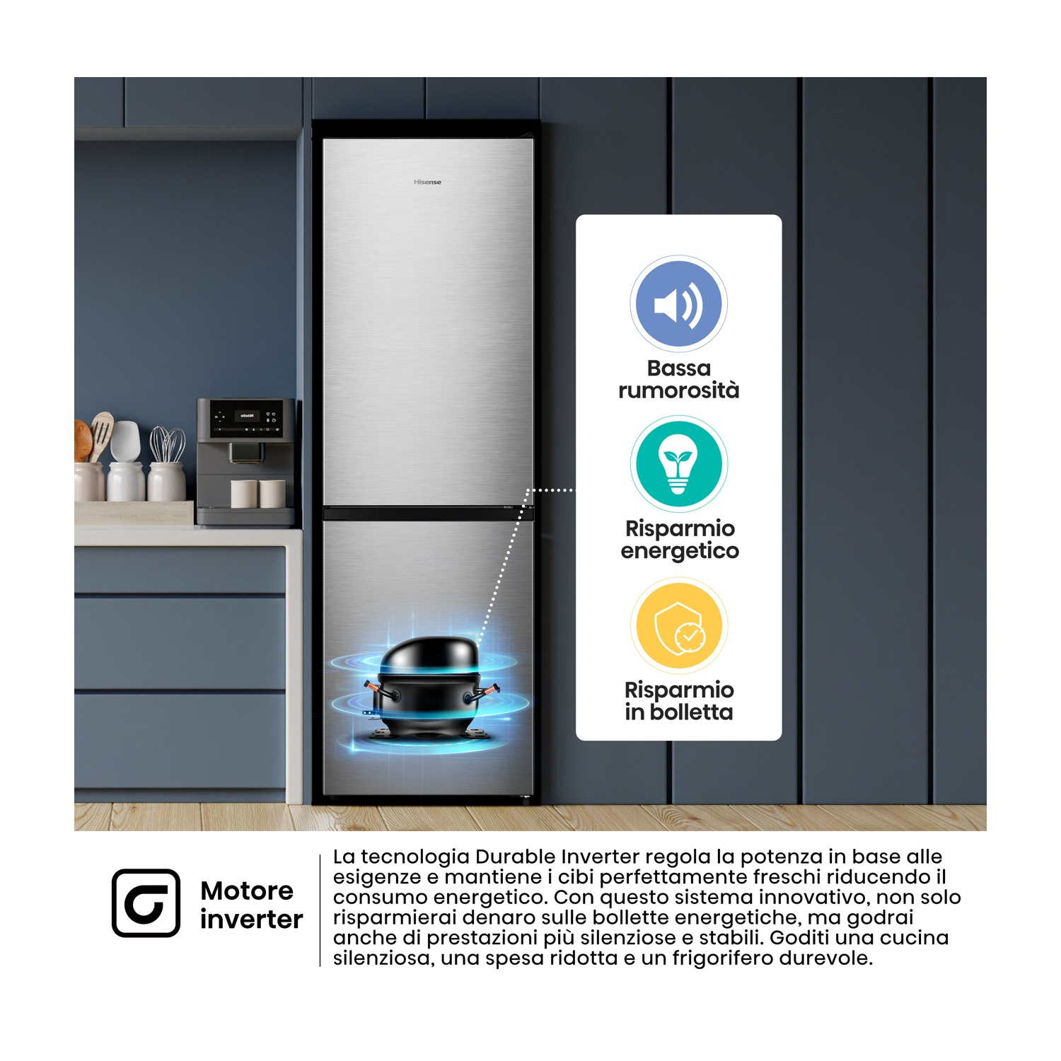 Frigorifero con icone motore inverter per bassa rumorosità, risparmio energetico, risparmio.