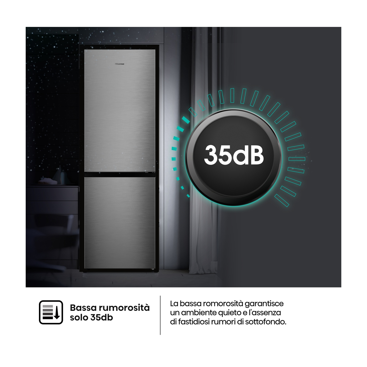 Un frigorifero Hisense argentato accanto a un indicatore sonoro da 35dB.