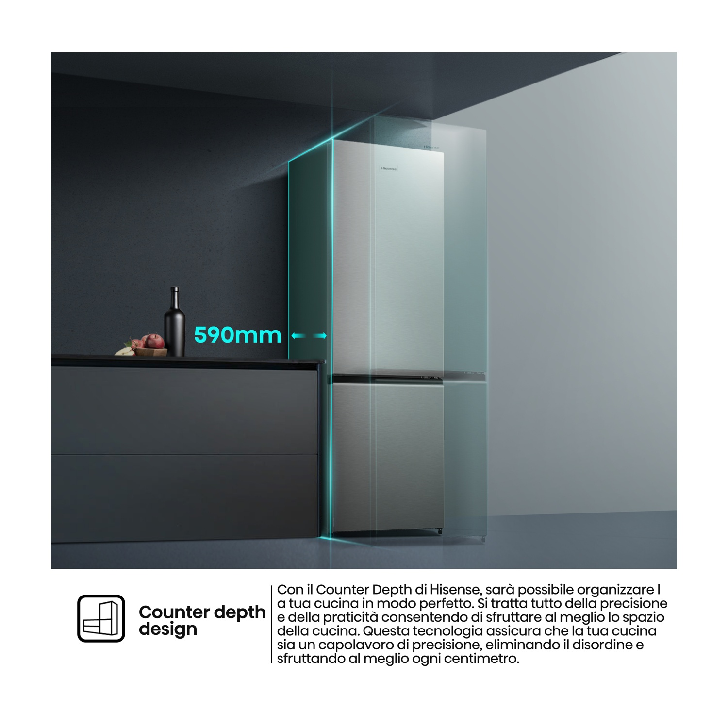 Un sottile frigorifero-congelatore argentato in una cucina moderna. Profondità 590mm.