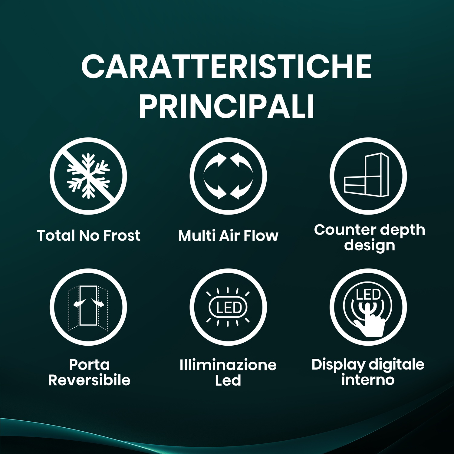 Icone per Total No Frost, Multi Air Flow, profondità bancone, porta reversibile, illuminazione LED, display digitale.