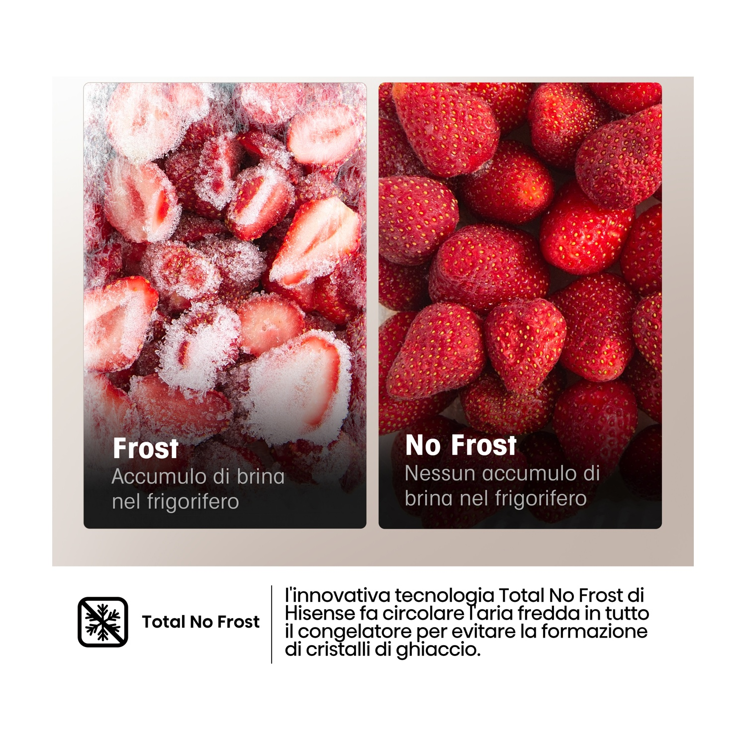 Fragole congelate con e senza brina nel frigorifero.