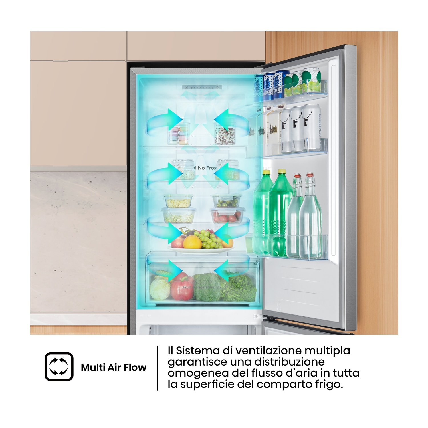 Un frigorifero aperto con cibo e flusso d'aria blu.