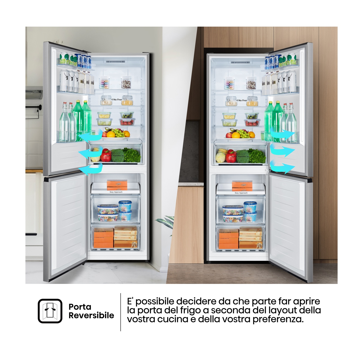 Un frigorifero con porte aperte, pieno di cibo e frecce d'aria blu.