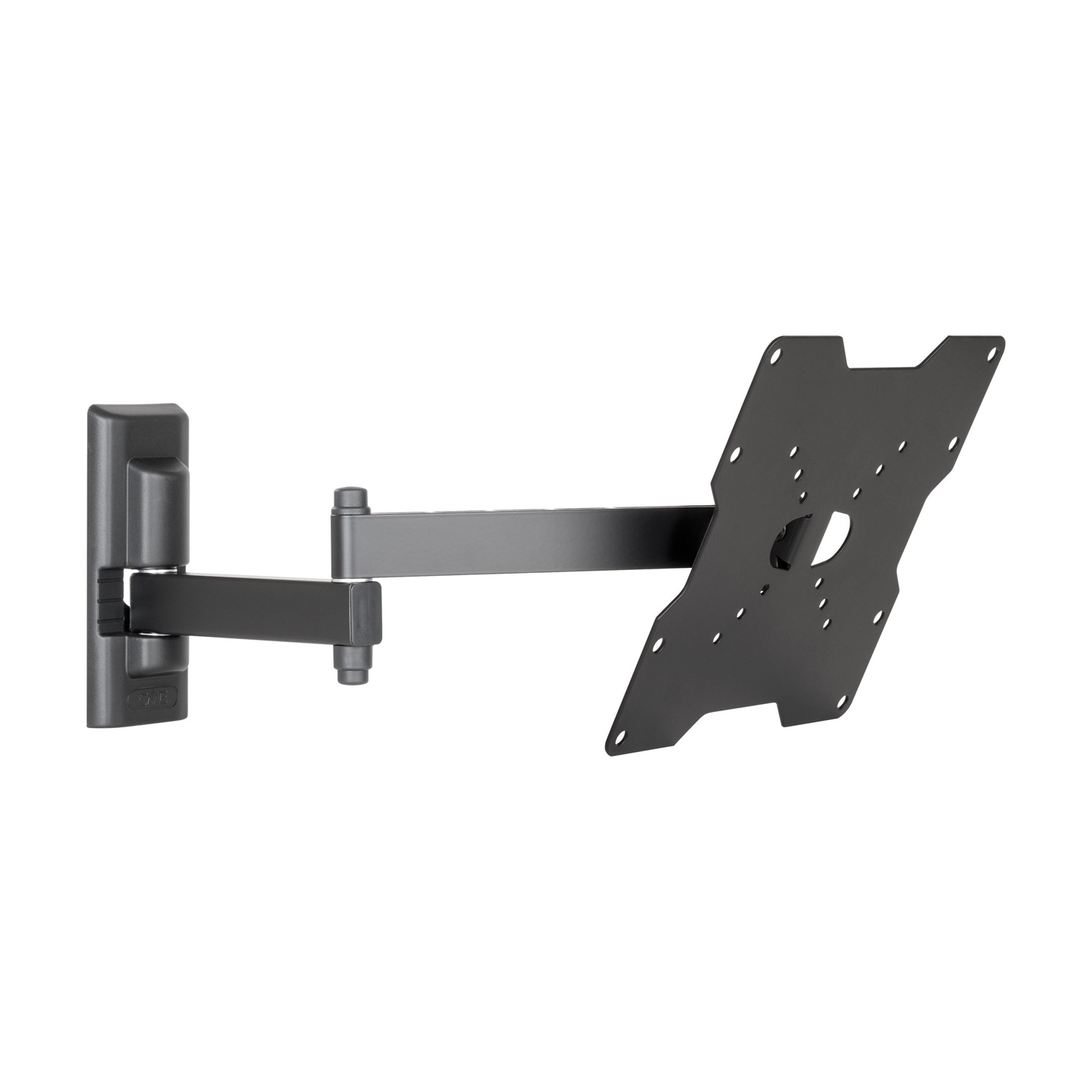 Un supporto da parete nero snodabile per TV con piastra di montaggio.